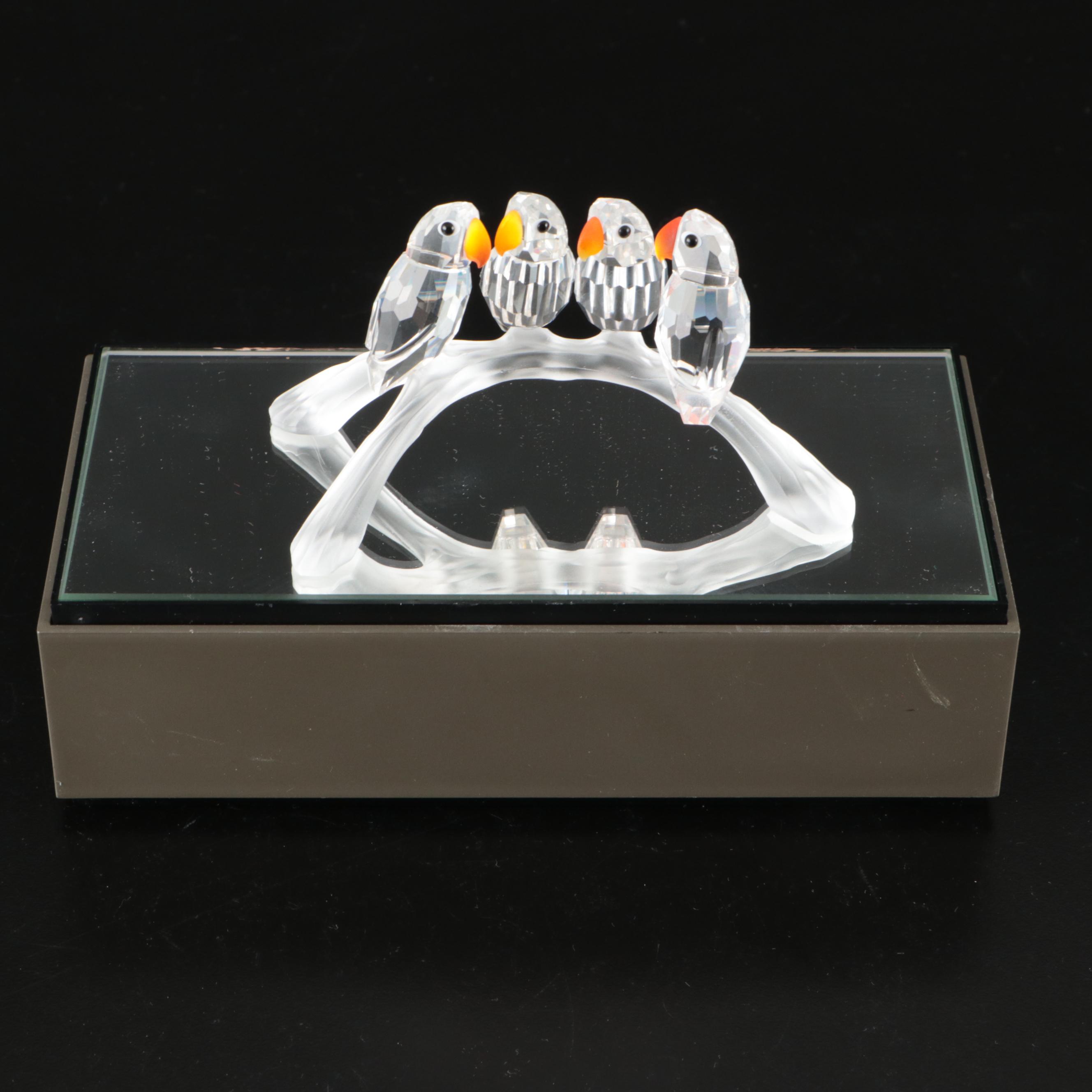 Swarovski Crystal "Baby Lovebirds" with Other Bird Figurines and Mirrored Stand