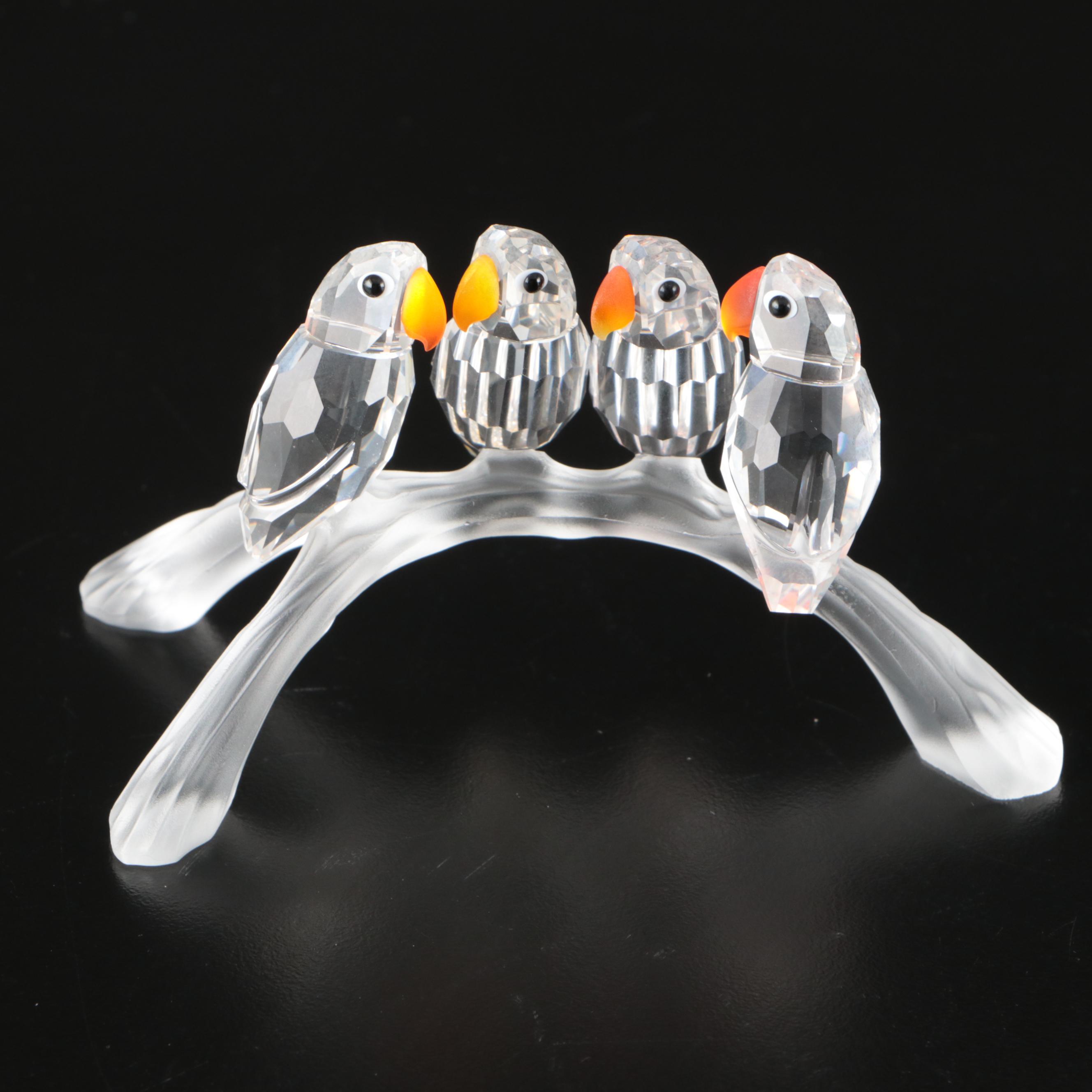 Swarovski Crystal "Baby Lovebirds" with Other Bird Figurines and Mirrored Stand