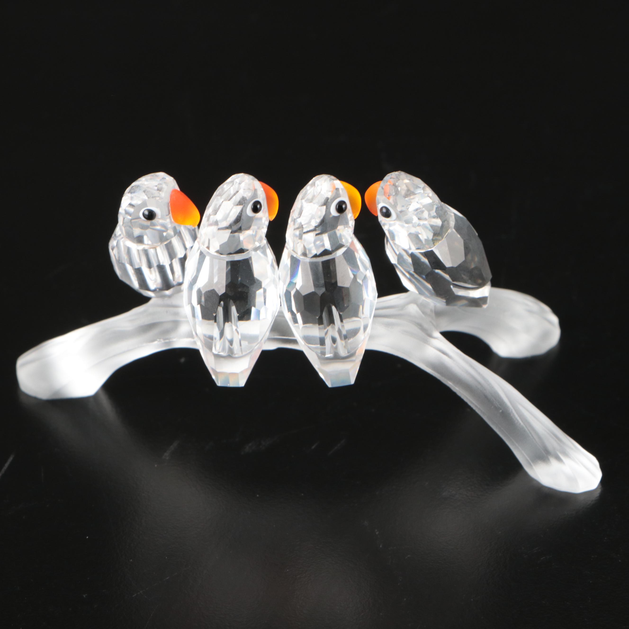 Swarovski Crystal "Baby Lovebirds" with Other Bird Figurines and Mirrored Stand