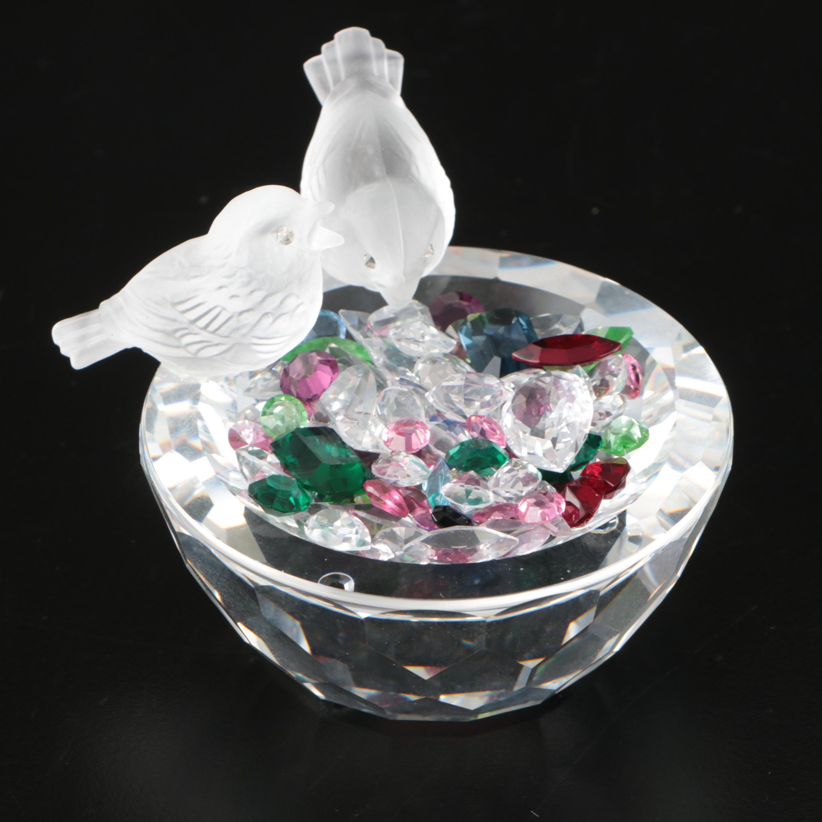 Swarovski Crystal "Baby Lovebirds" with Other Bird Figurines and Mirrored Stand