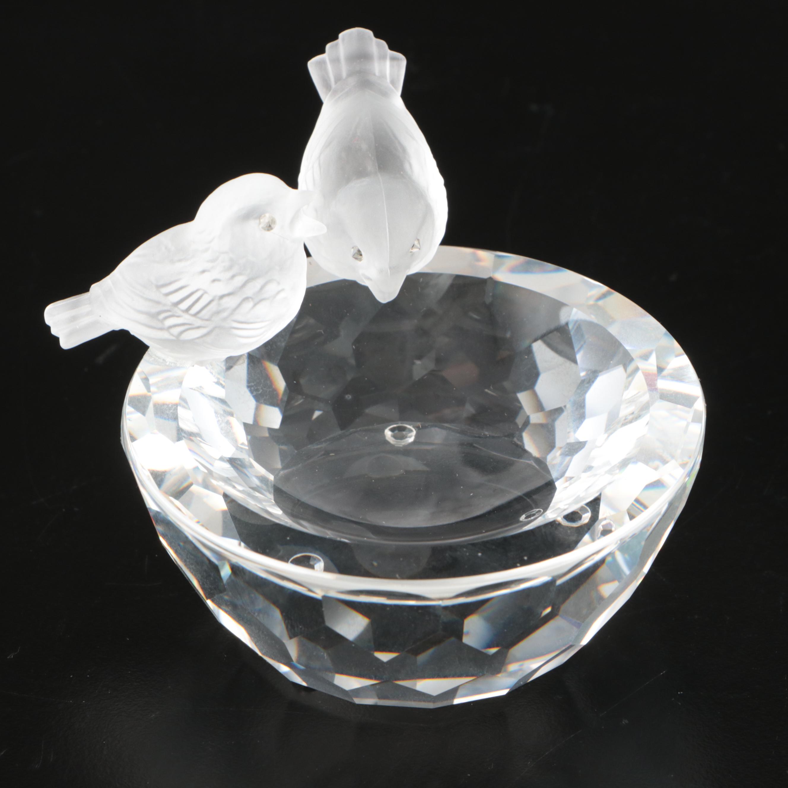 Swarovski Crystal "Baby Lovebirds" with Other Bird Figurines and Mirrored Stand