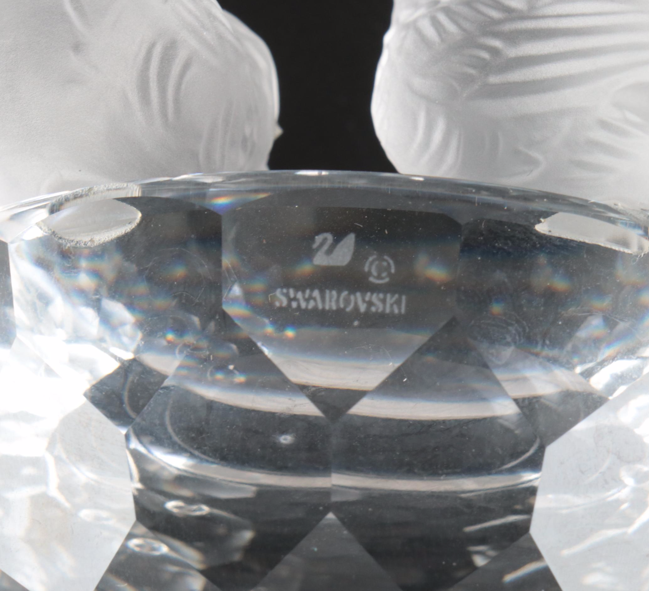 Swarovski Crystal "Baby Lovebirds" with Other Bird Figurines and Mirrored Stand