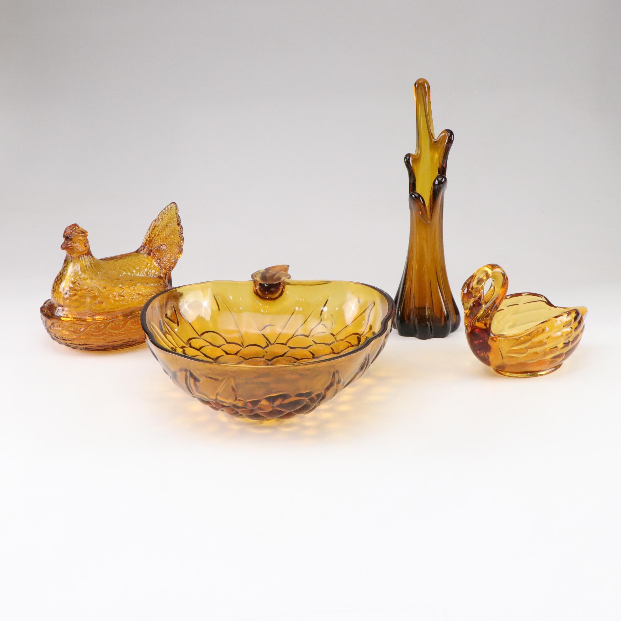 MCM Amber Swung Glass Vase with Hen on Nest, Swan Bowl and Fruit Bowl
