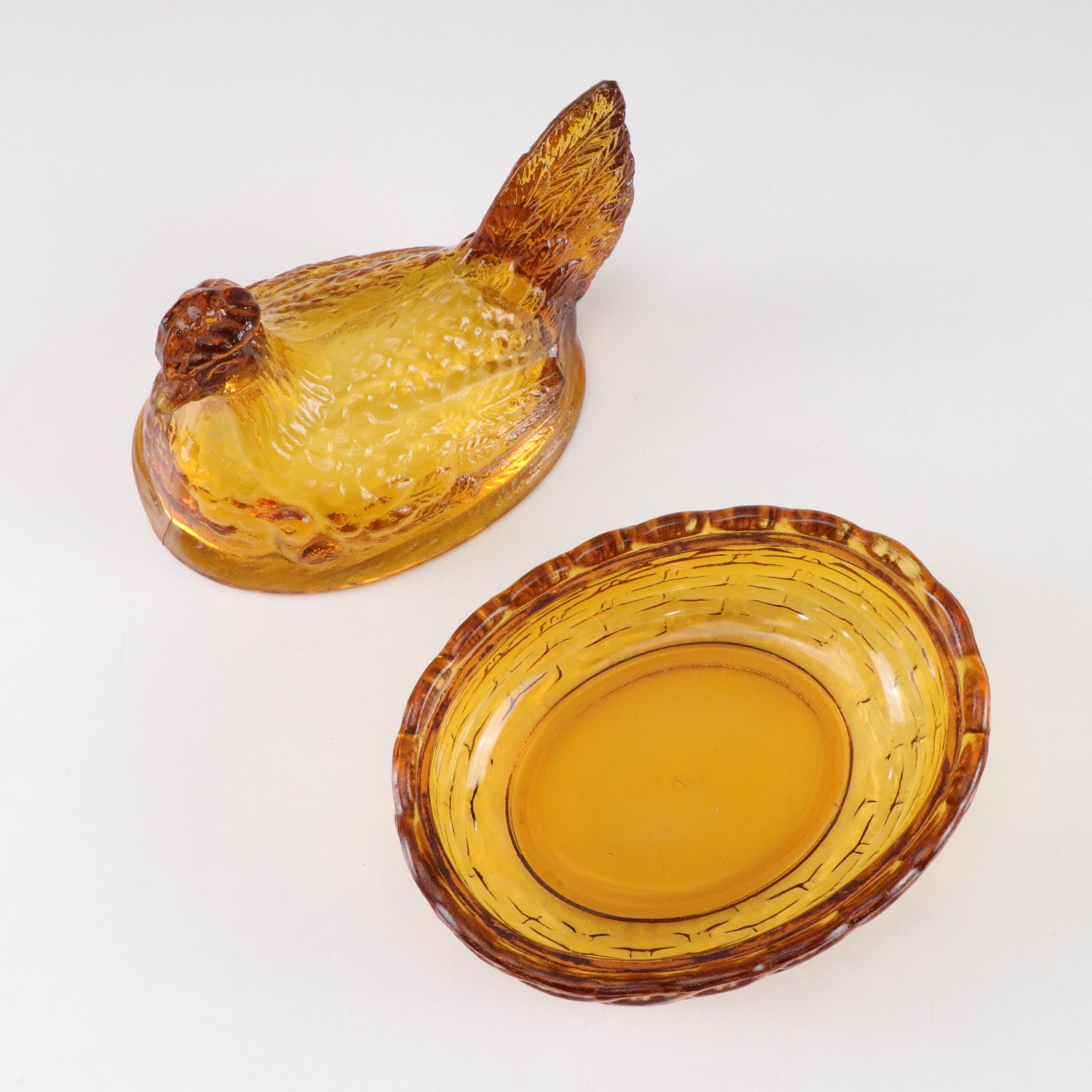MCM Amber Swung Glass Vase with Hen on Nest, Swan Bowl and Fruit Bowl