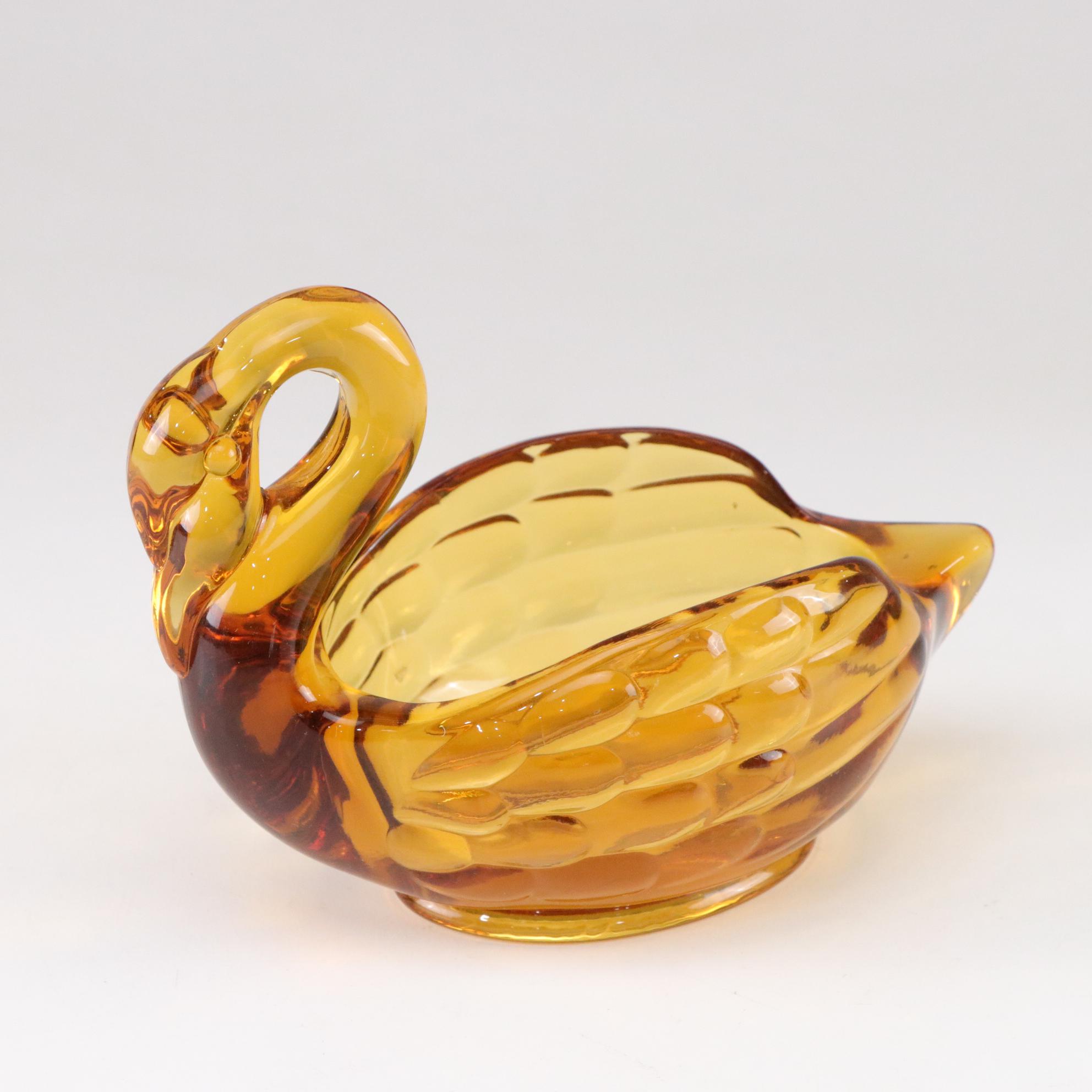 MCM Amber Swung Glass Vase with Hen on Nest, Swan Bowl and Fruit Bowl