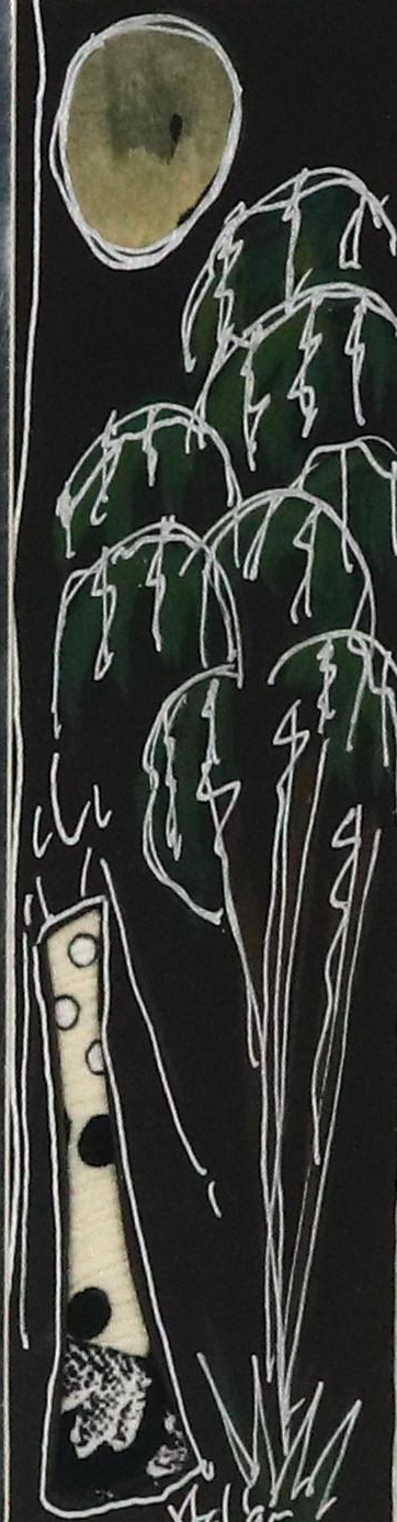 Xtal Miniature Stylized Landscape Ink Drawing With Collaged Figure, 1995