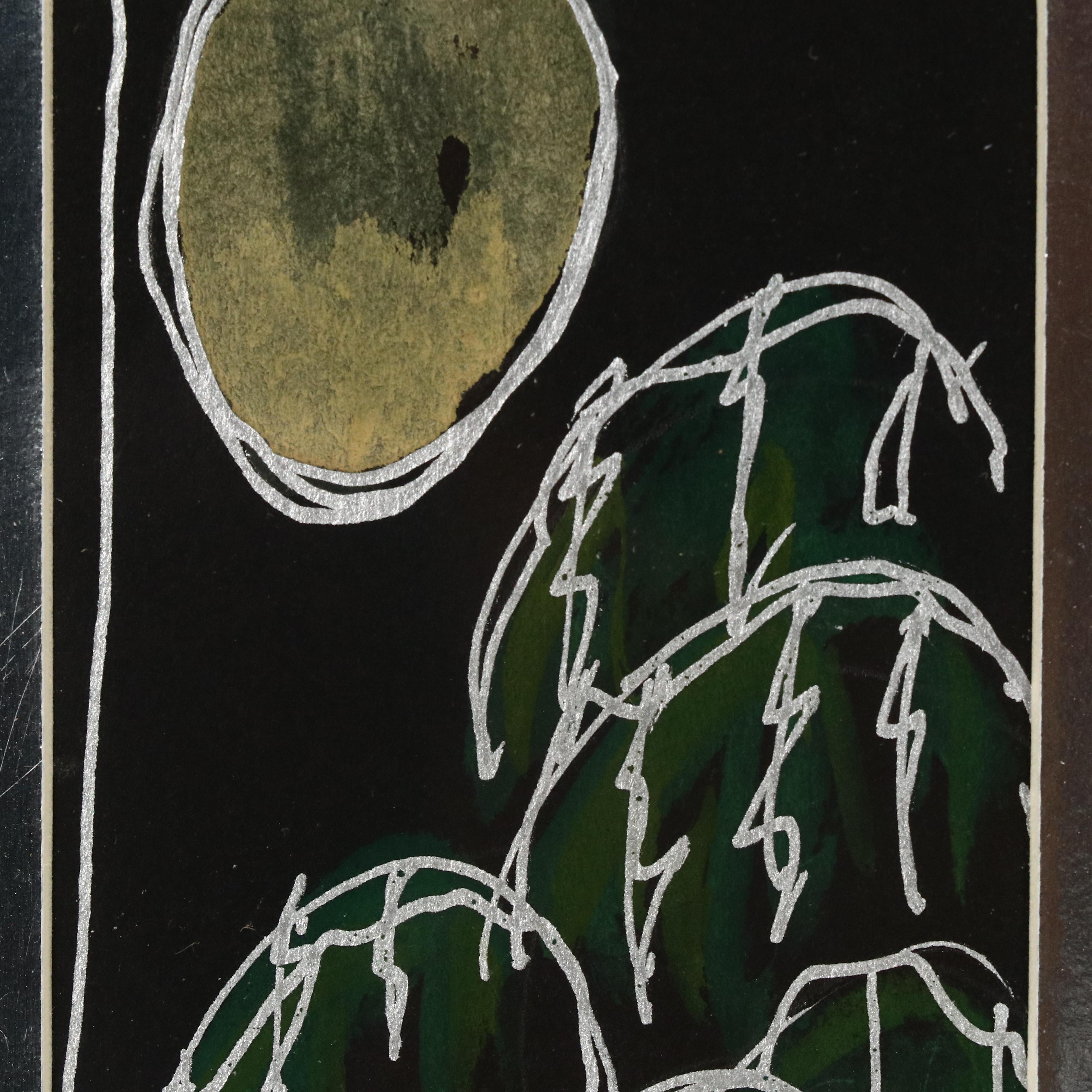 Xtal Miniature Stylized Landscape Ink Drawing With Collaged Figure, 1995