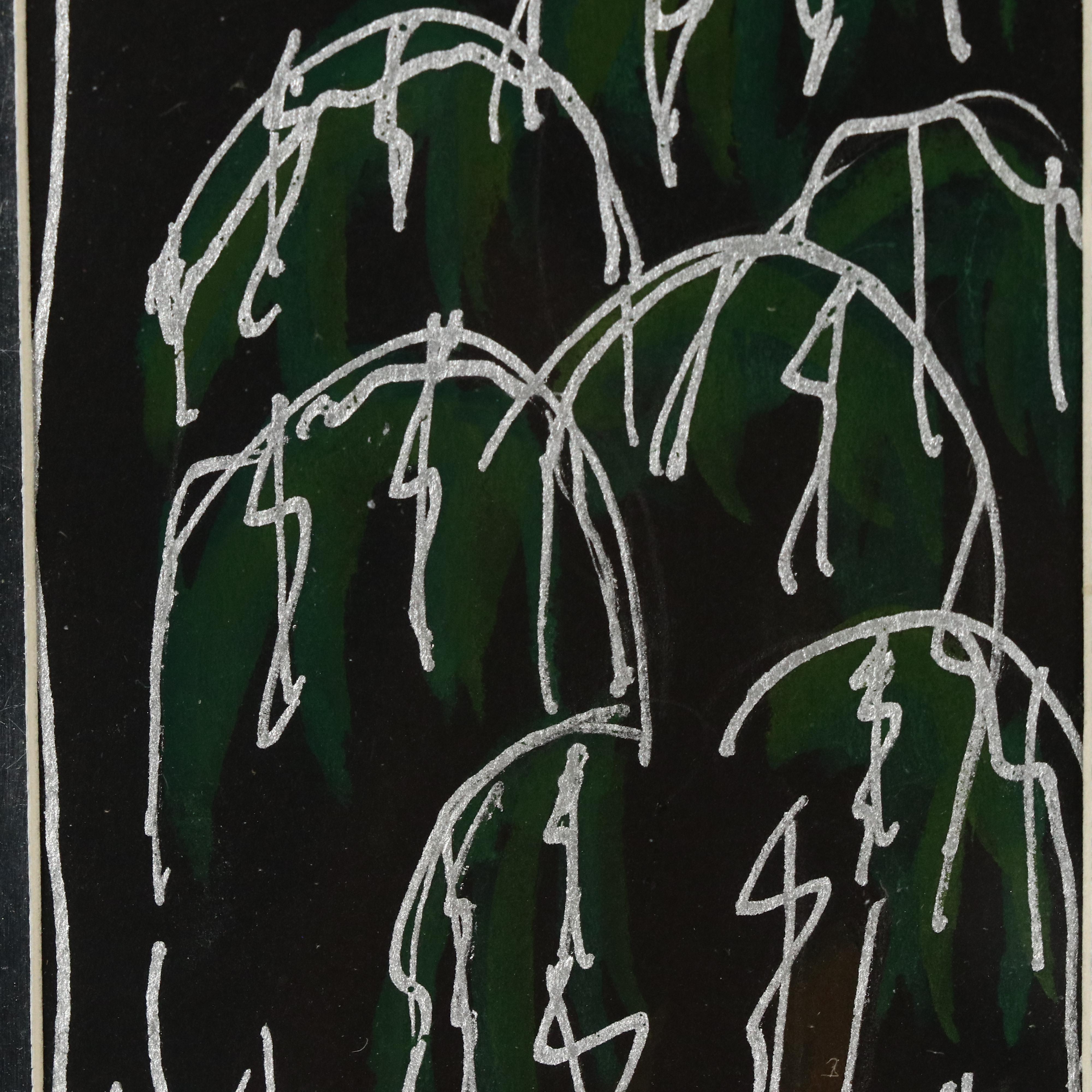 Xtal Miniature Stylized Landscape Ink Drawing With Collaged Figure, 1995