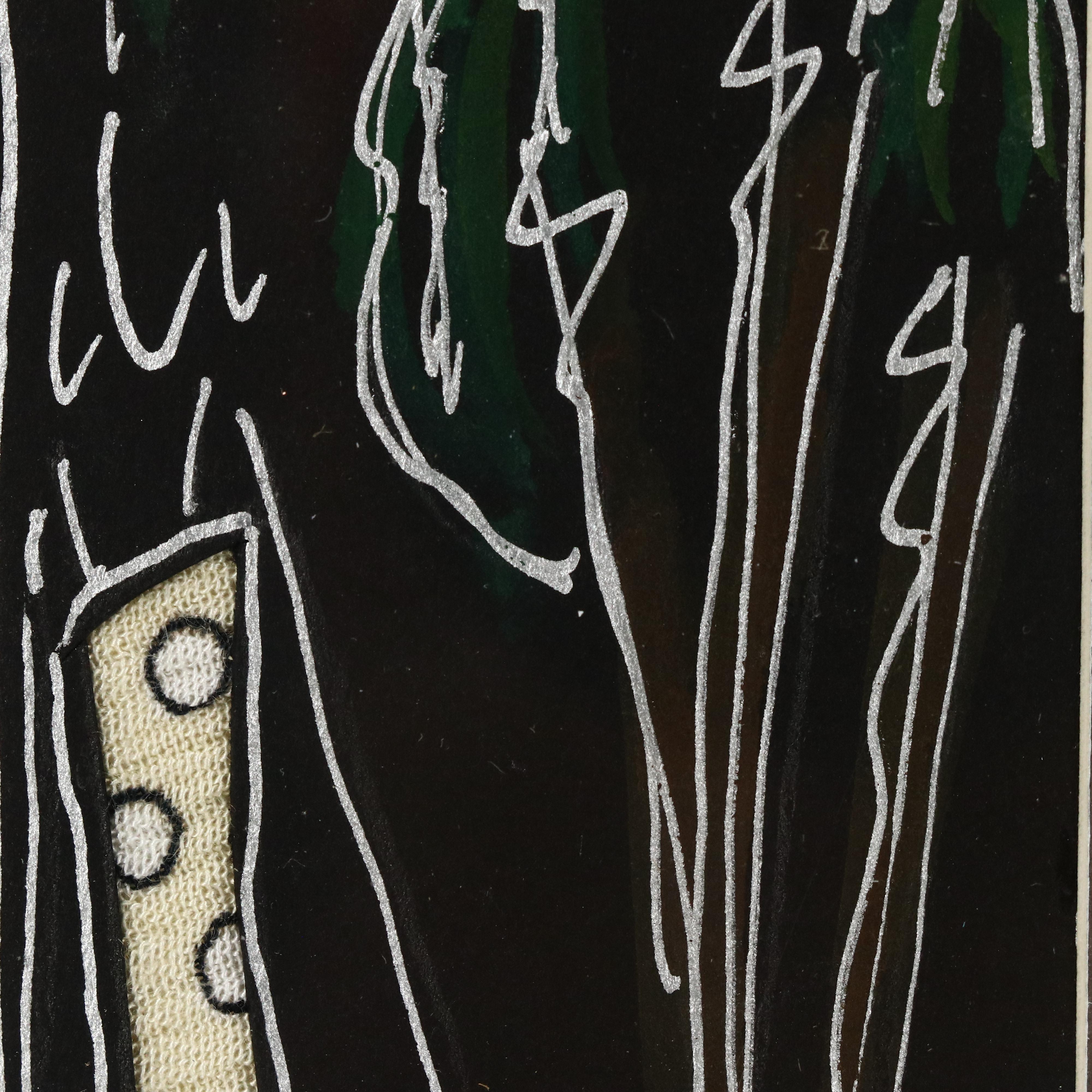 Xtal Miniature Stylized Landscape Ink Drawing With Collaged Figure, 1995