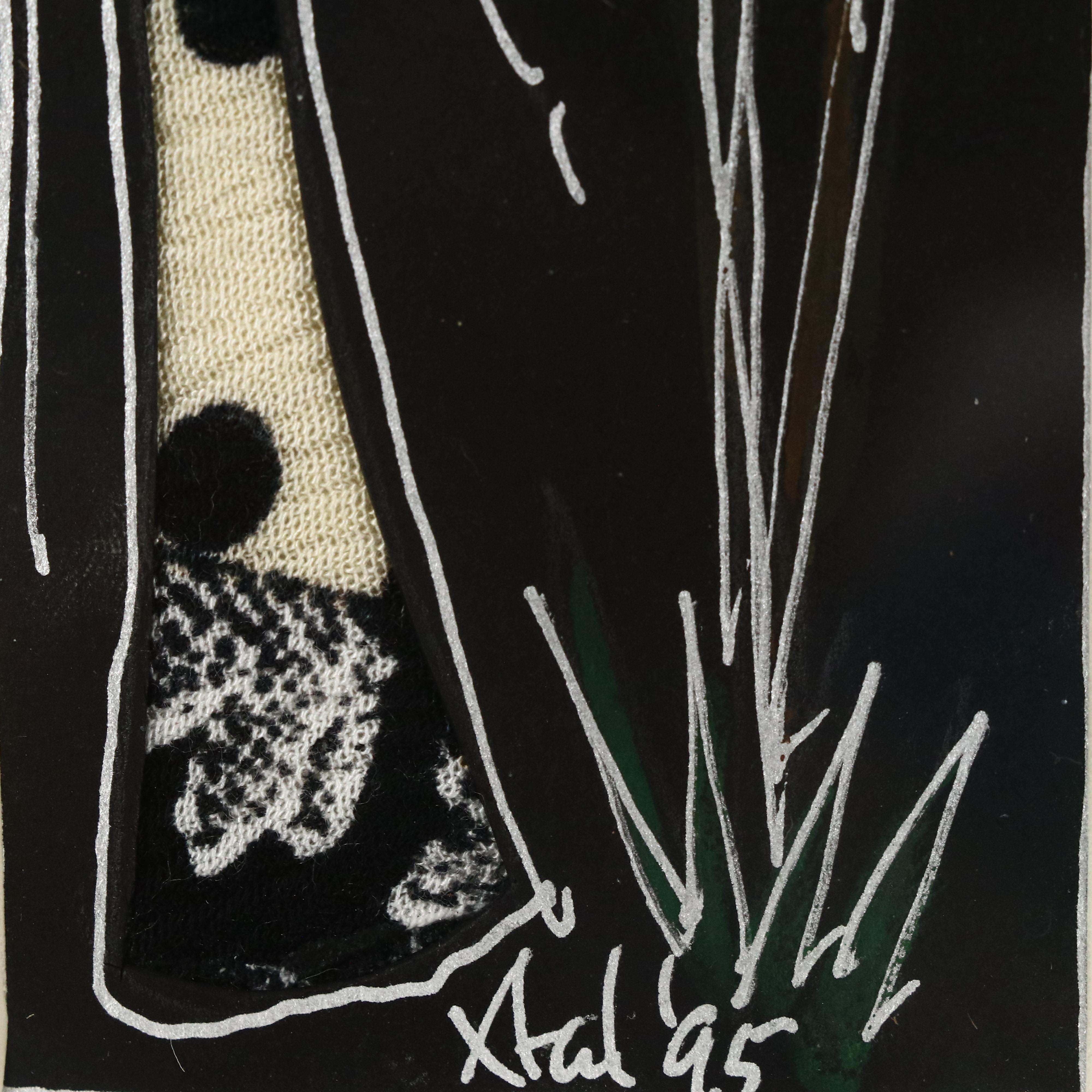 Xtal Miniature Stylized Landscape Ink Drawing With Collaged Figure, 1995