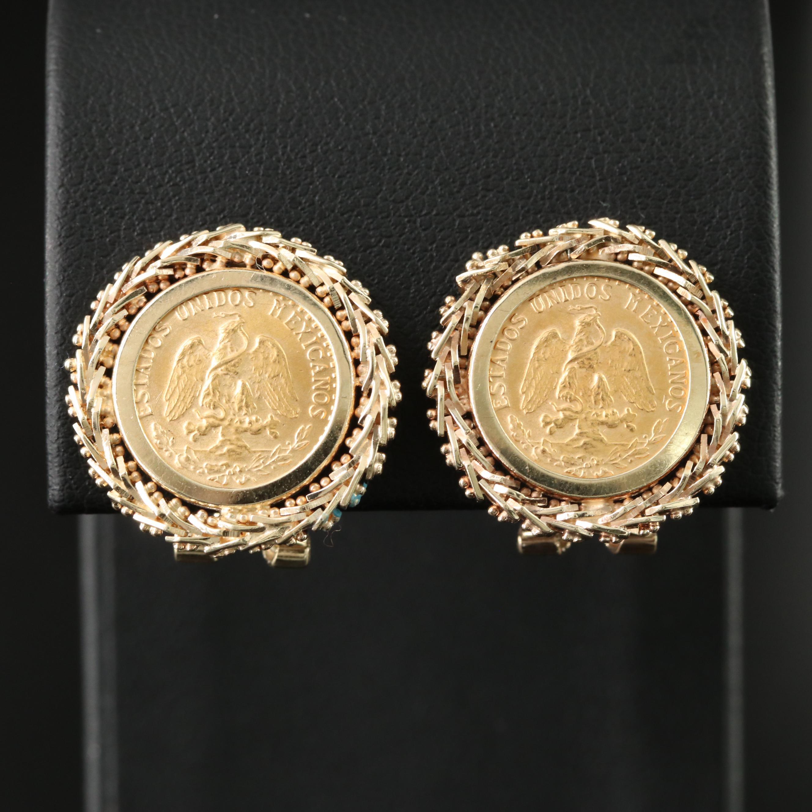 14K Earrings with 1945 Dos Pesos Mexican Gold Coins