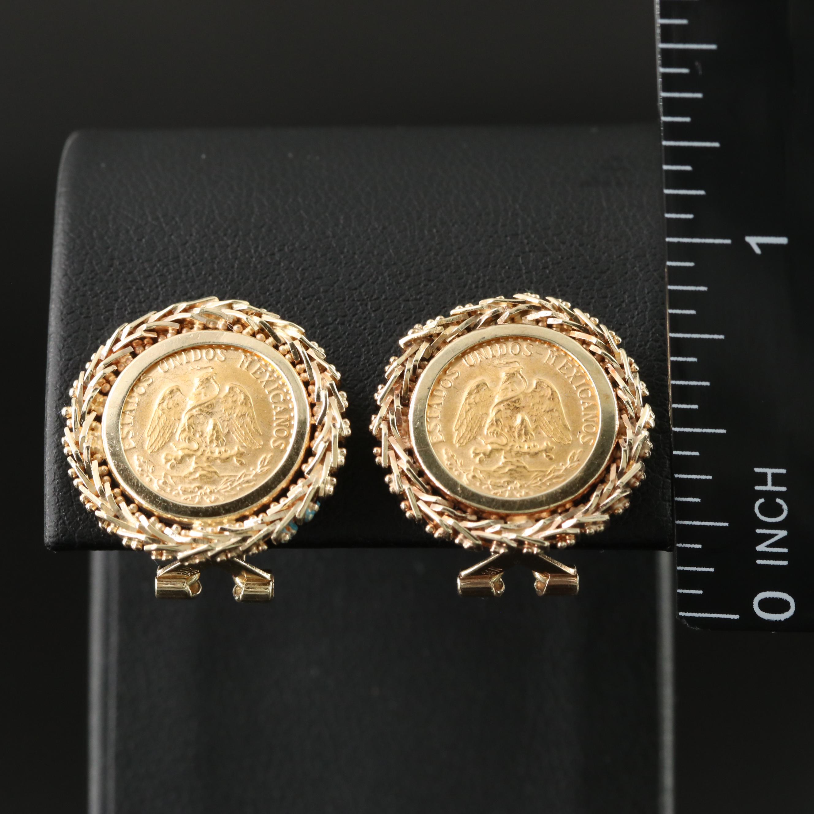 14K Earrings with 1945 Dos Pesos Mexican Gold Coins