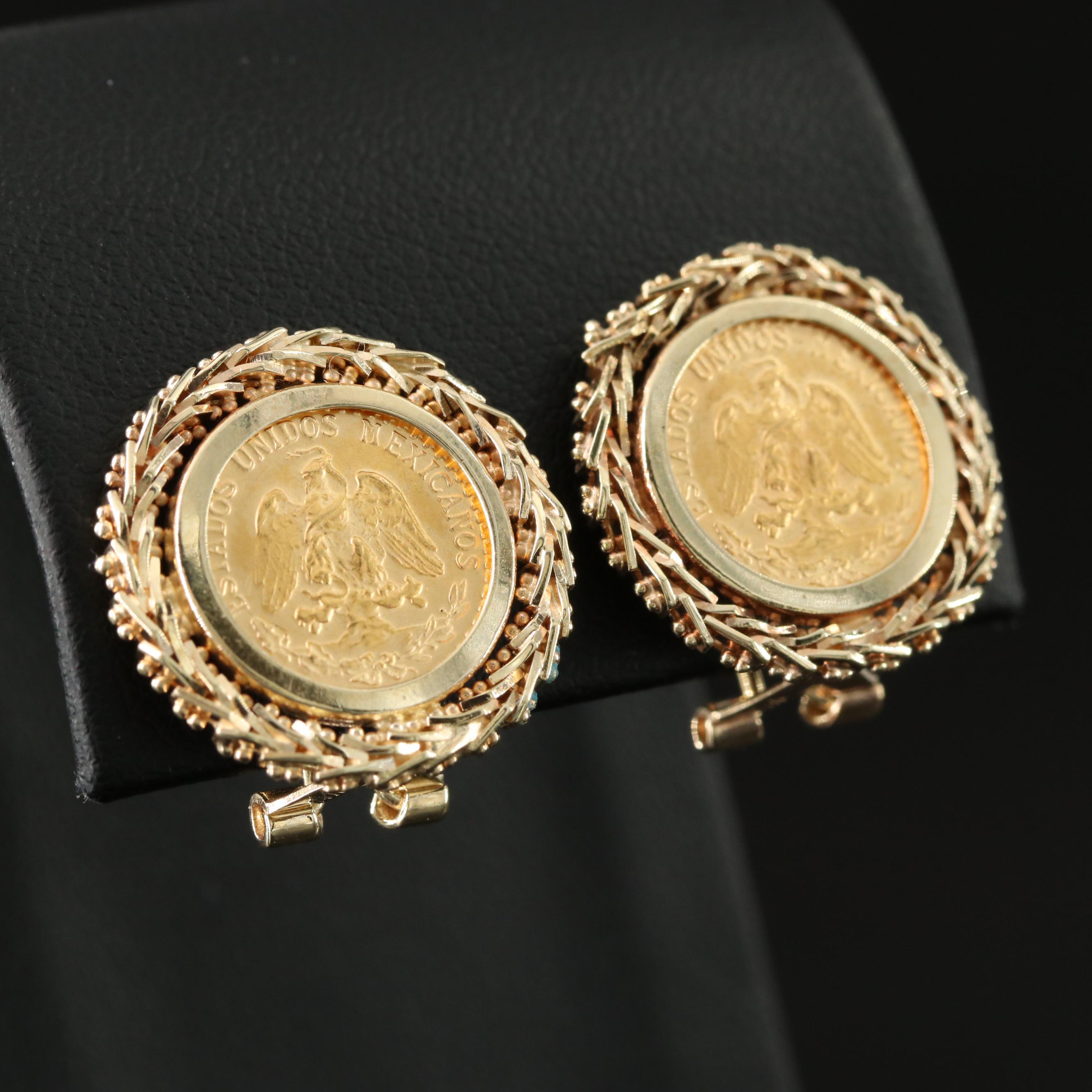 14K Earrings with 1945 Dos Pesos Mexican Gold Coins