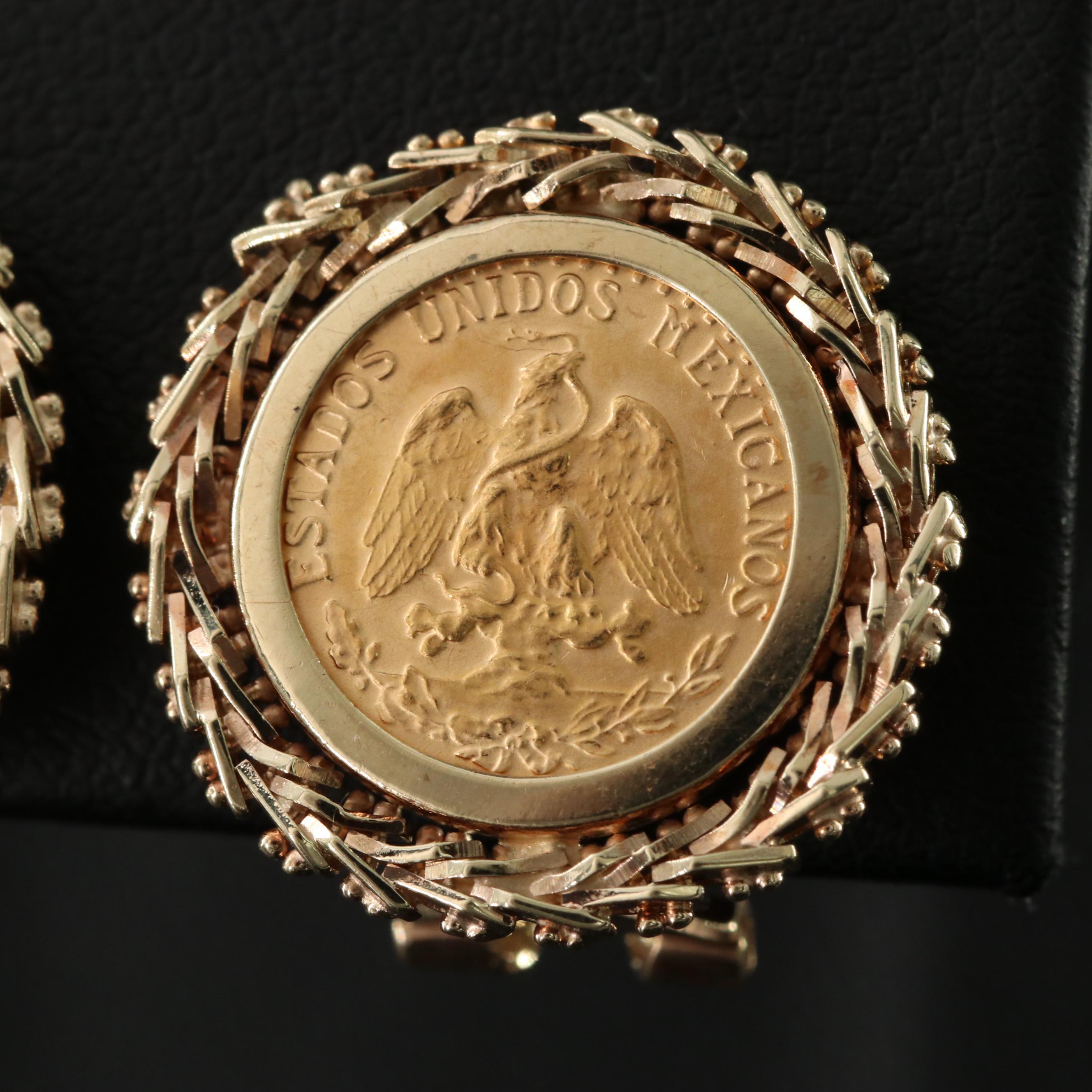 14K Earrings with 1945 Dos Pesos Mexican Gold Coins