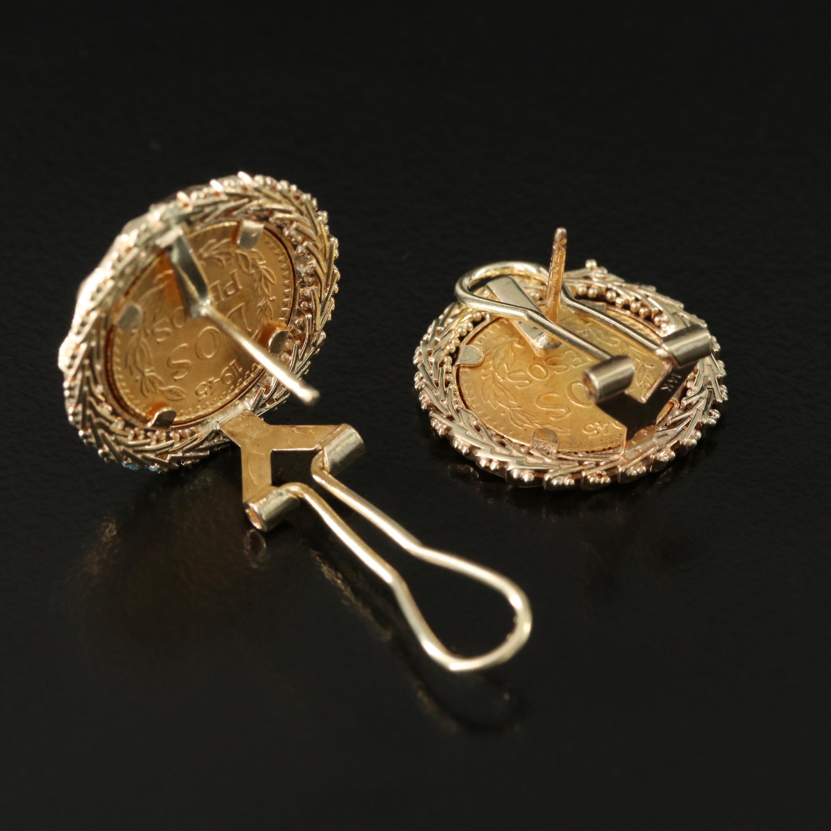 14K Earrings with 1945 Dos Pesos Mexican Gold Coins
