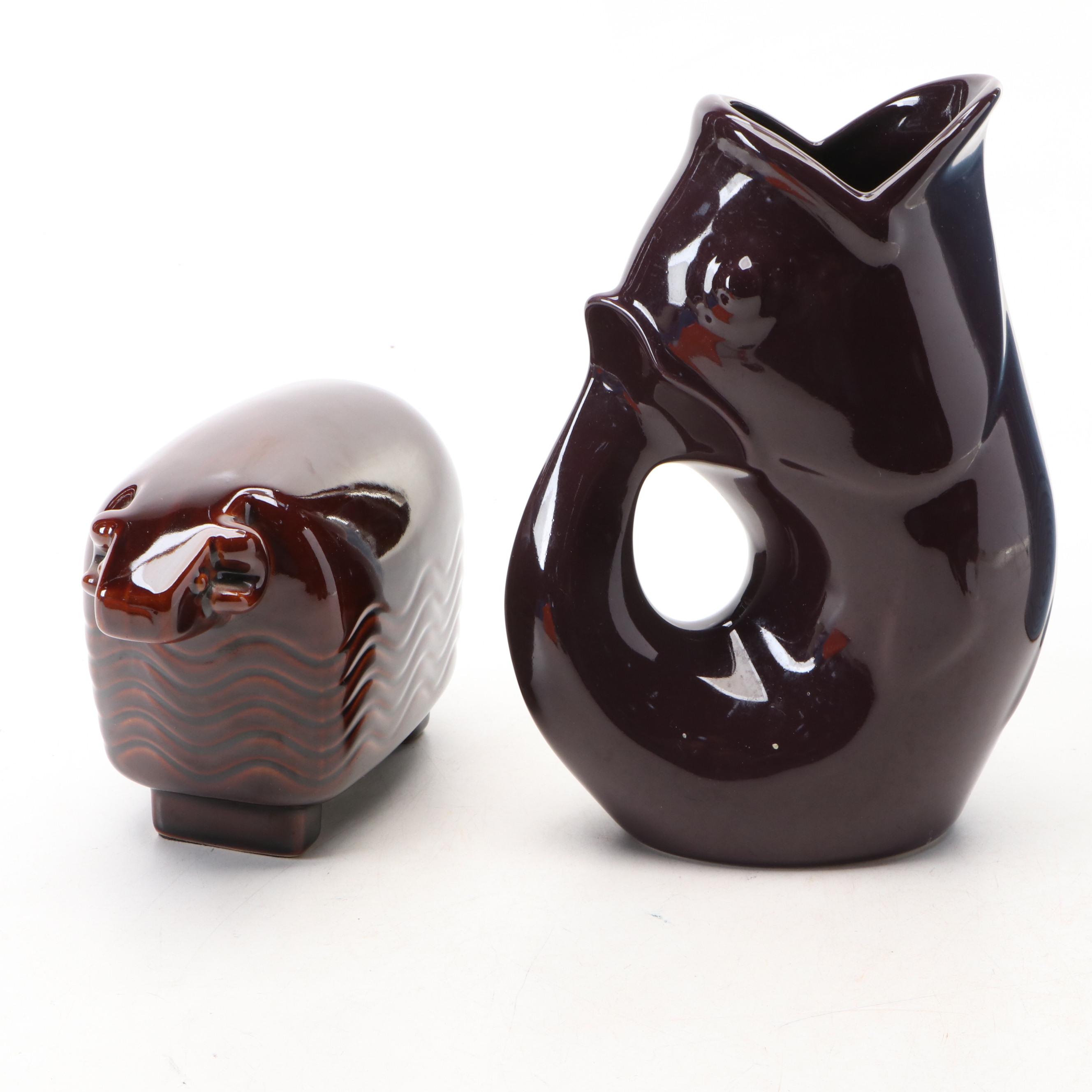 Noritake Ceramic Ram with Other Shell Figurine, Blue Planter and Fish Pitcher