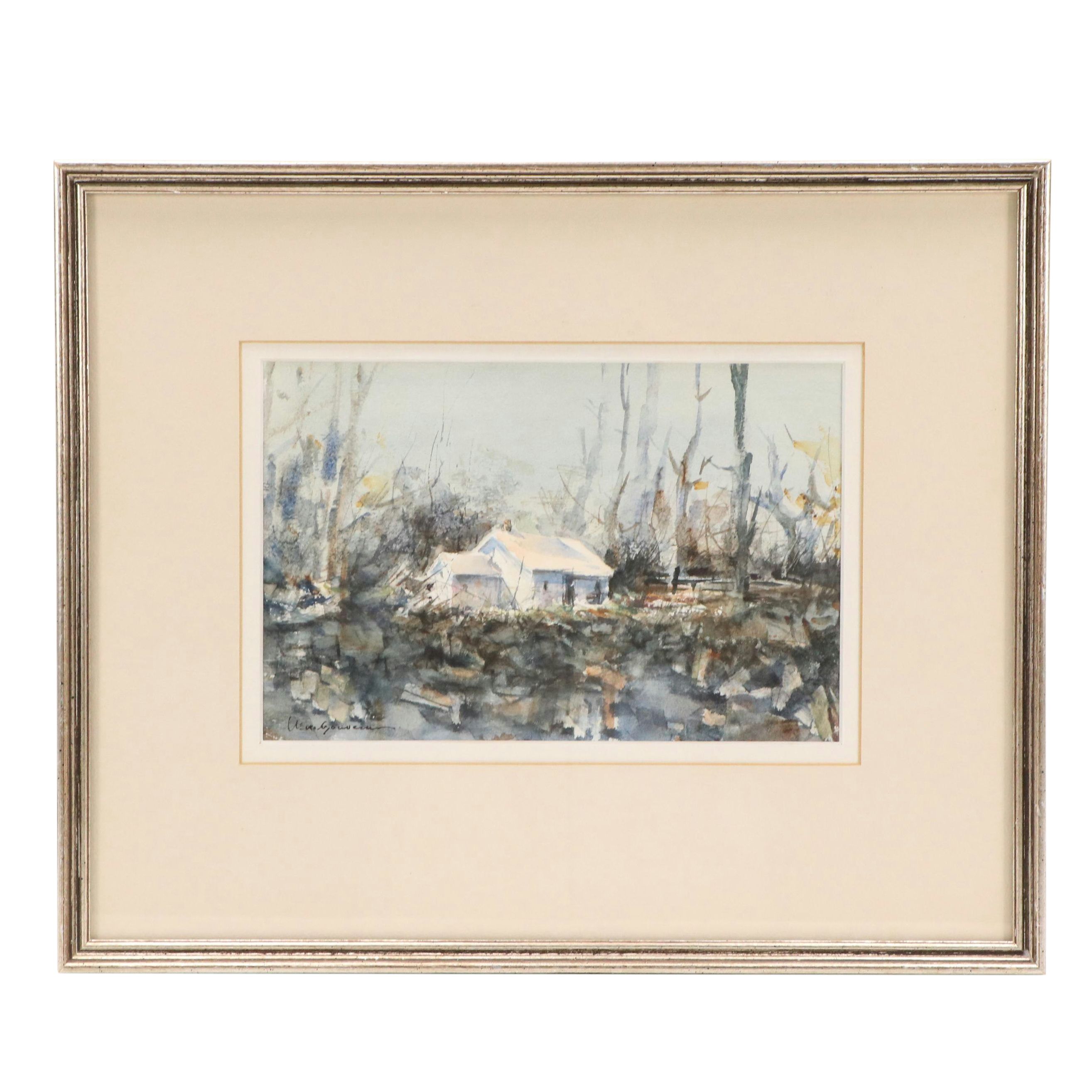 Clem Gouveia Landscape Watercolor Painting with Cottage