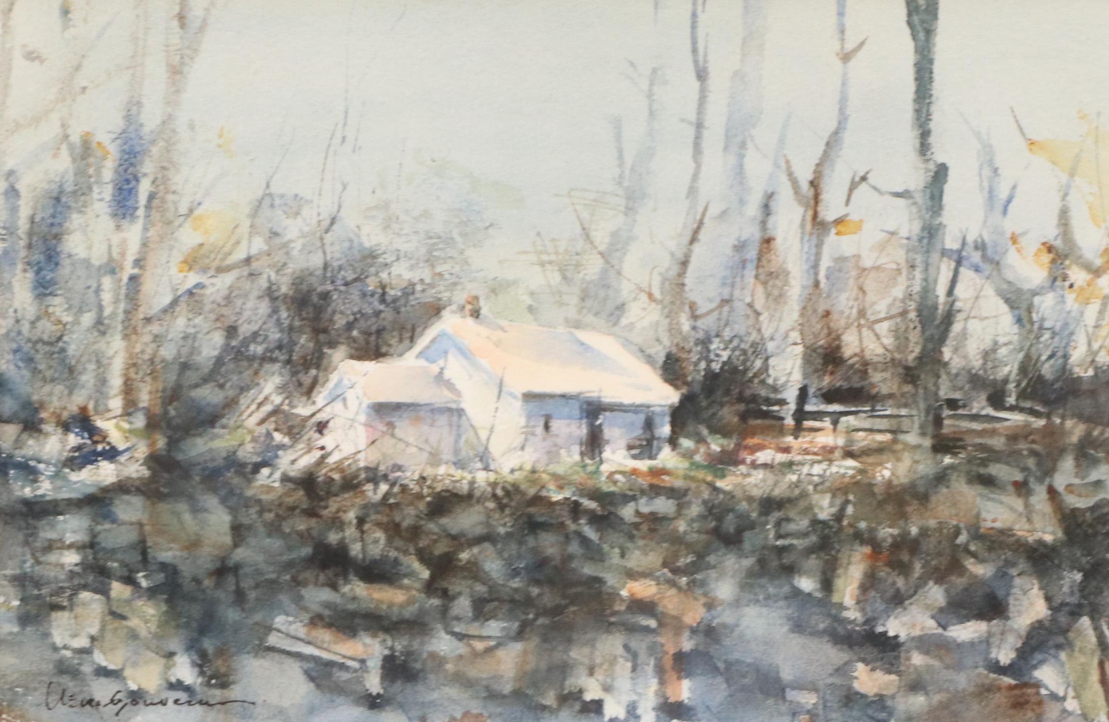 Clem Gouveia Landscape Watercolor Painting with Cottage