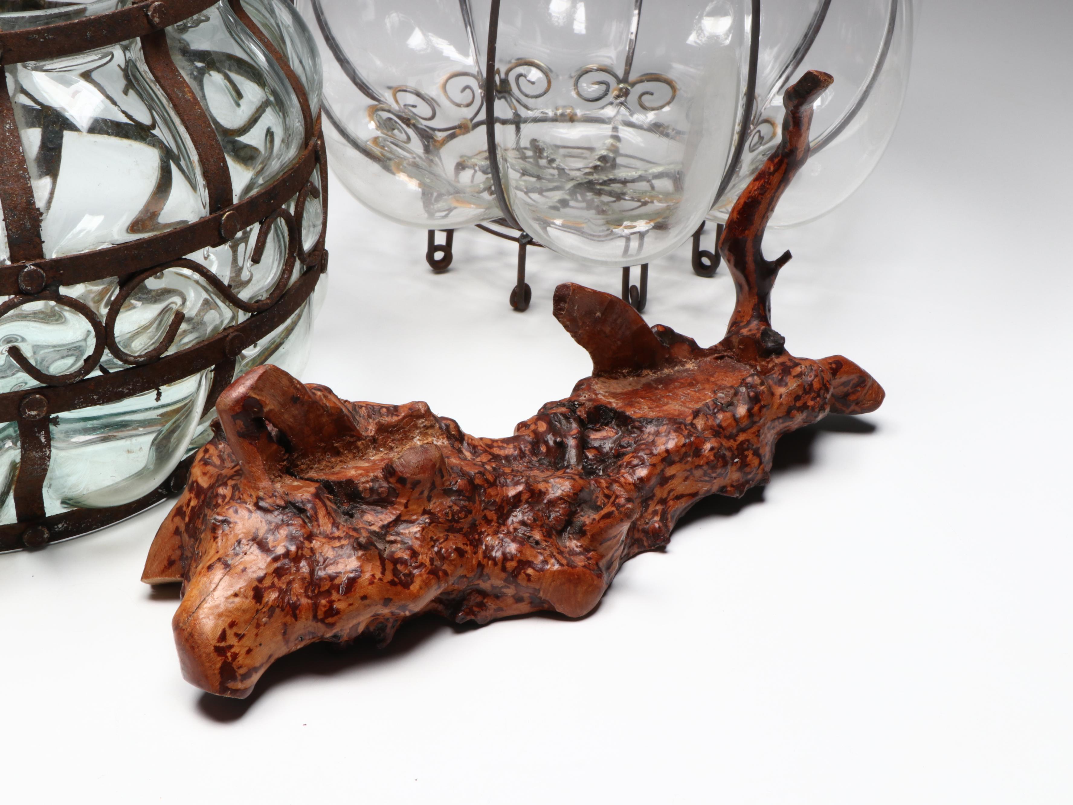 Glass and Metal Wire Cage Bubble Planters with Burl Wood Figure, 20th Century