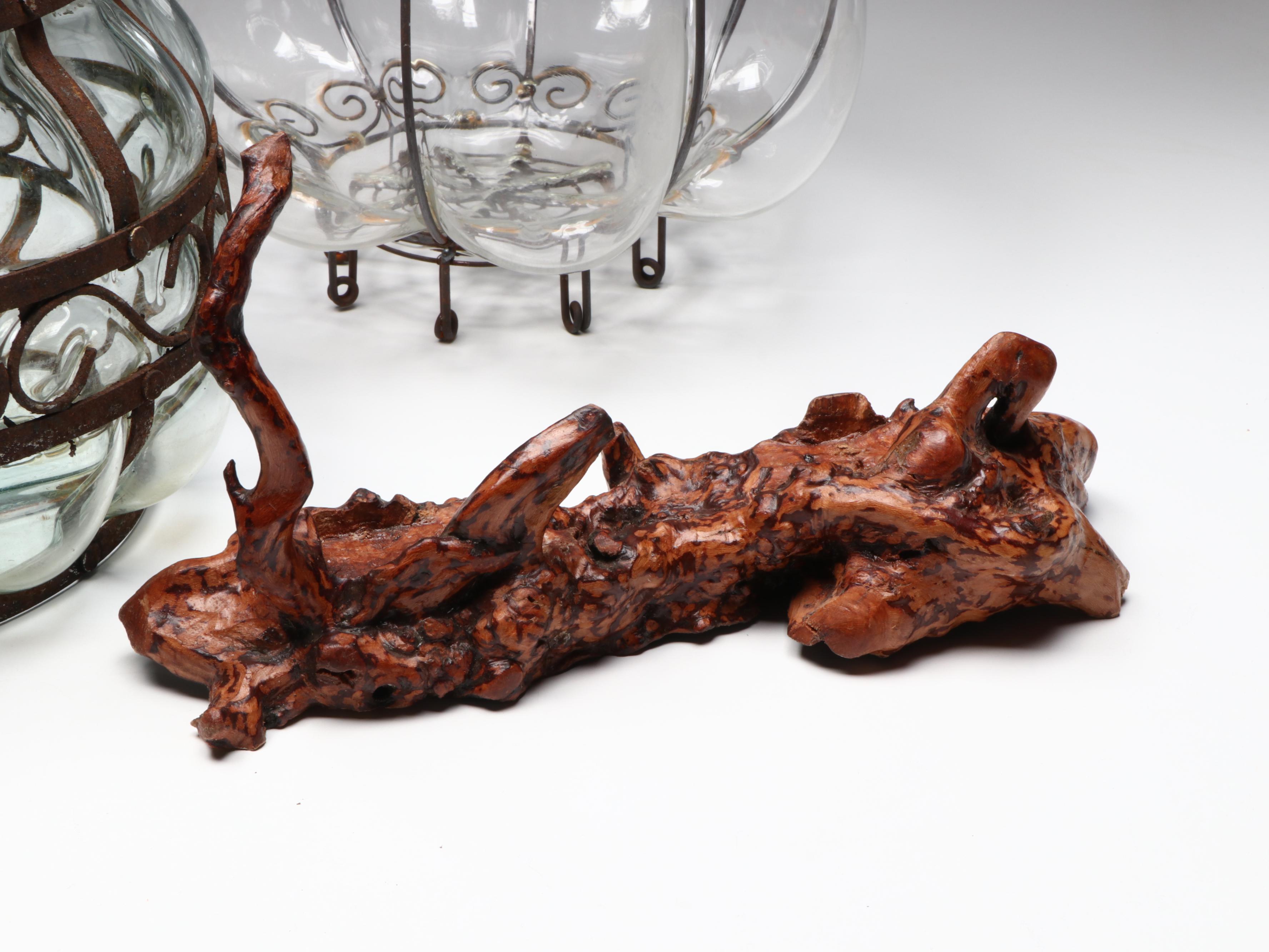 Glass and Metal Wire Cage Bubble Planters with Burl Wood Figure, 20th Century