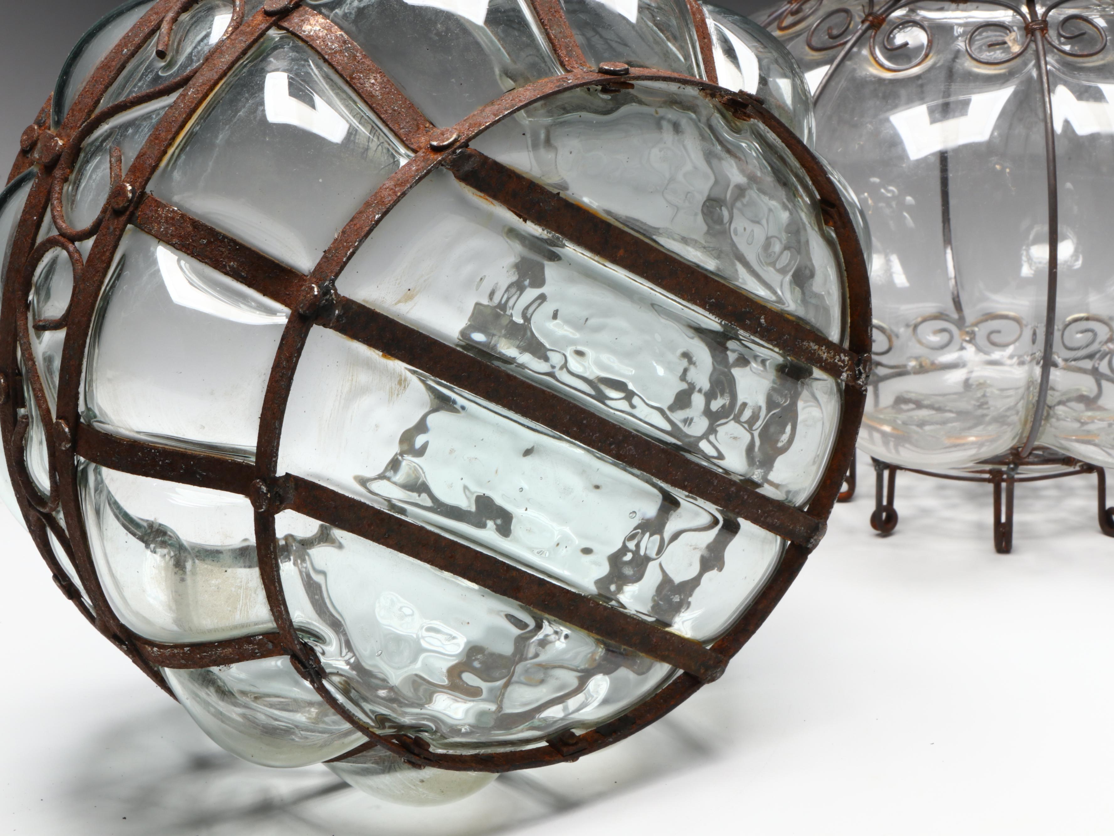 Glass and Metal Wire Cage Bubble Planters with Burl Wood Figure, 20th Century