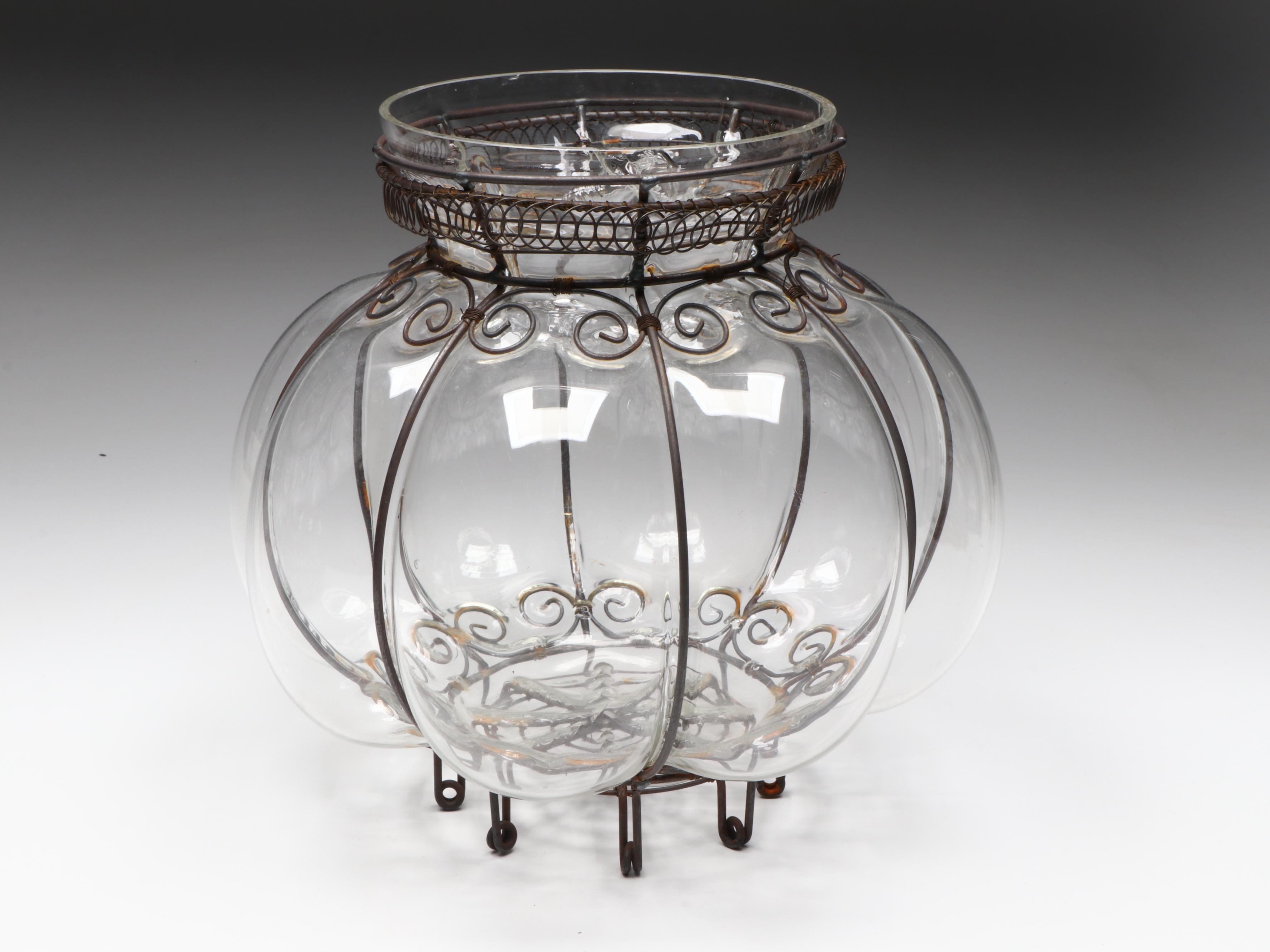 Glass and Metal Wire Cage Bubble Planters with Burl Wood Figure, 20th Century