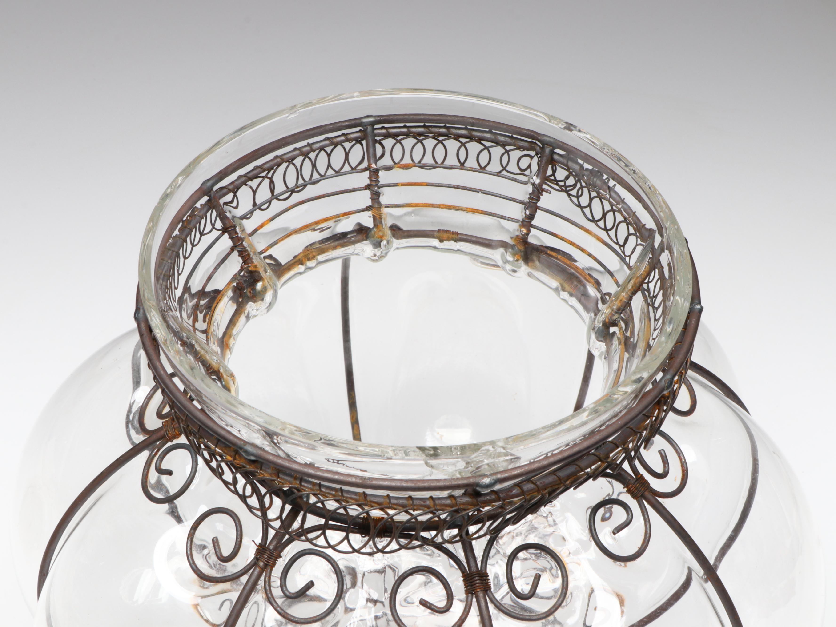 Glass and Metal Wire Cage Bubble Planters with Burl Wood Figure, 20th Century