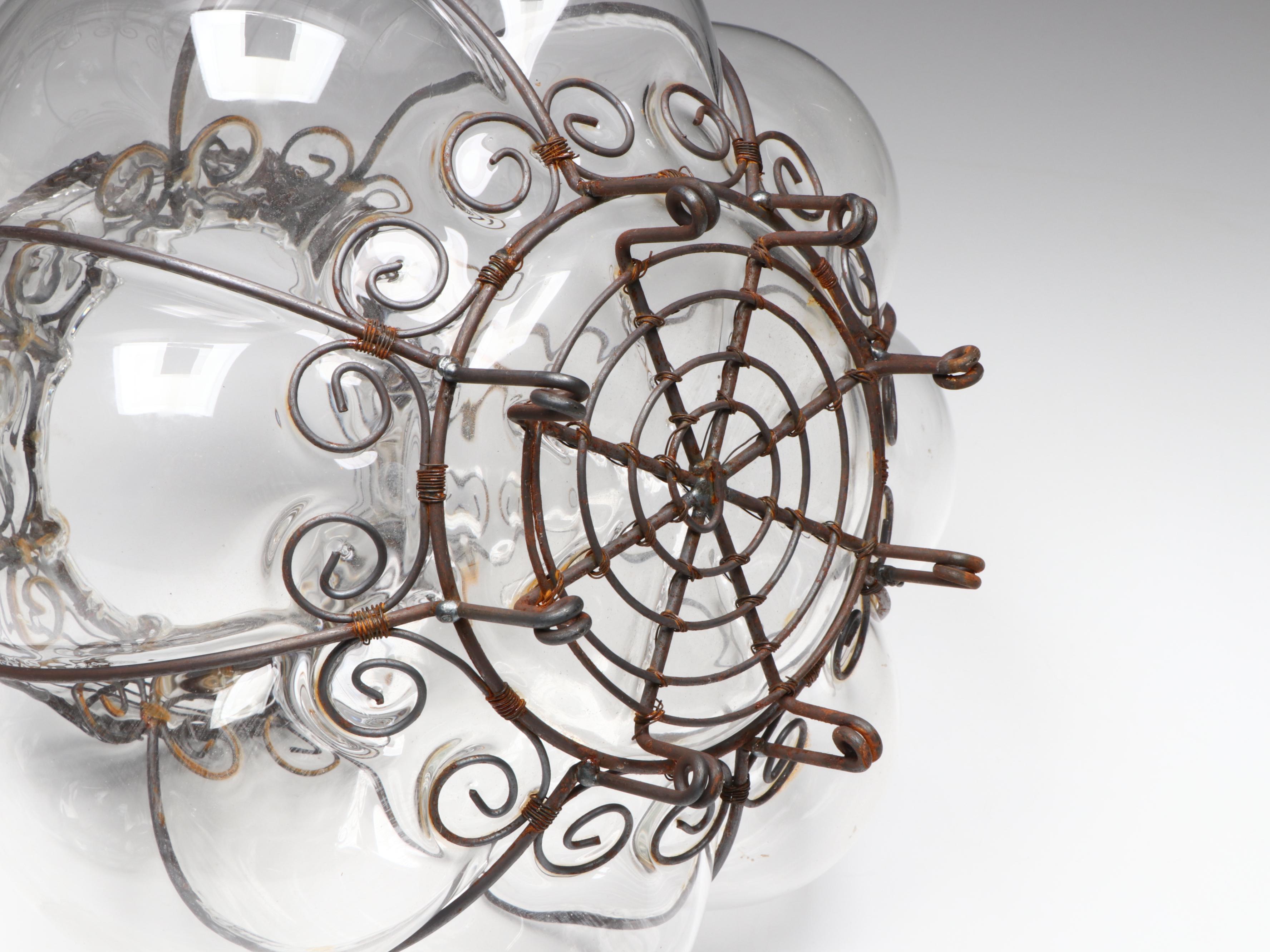 Glass and Metal Wire Cage Bubble Planters with Burl Wood Figure, 20th Century