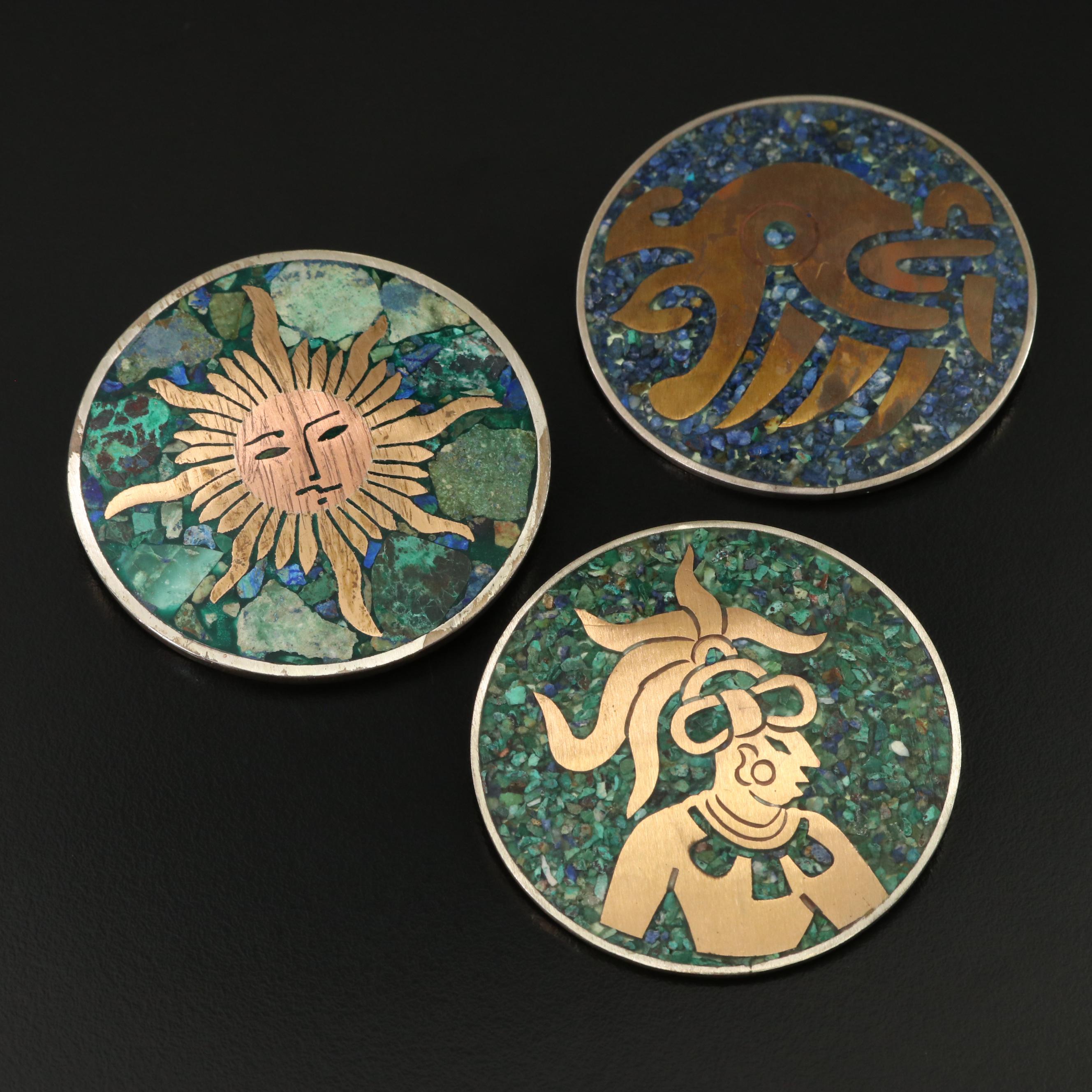 Mexican Sterling Inlay Converter Brooches