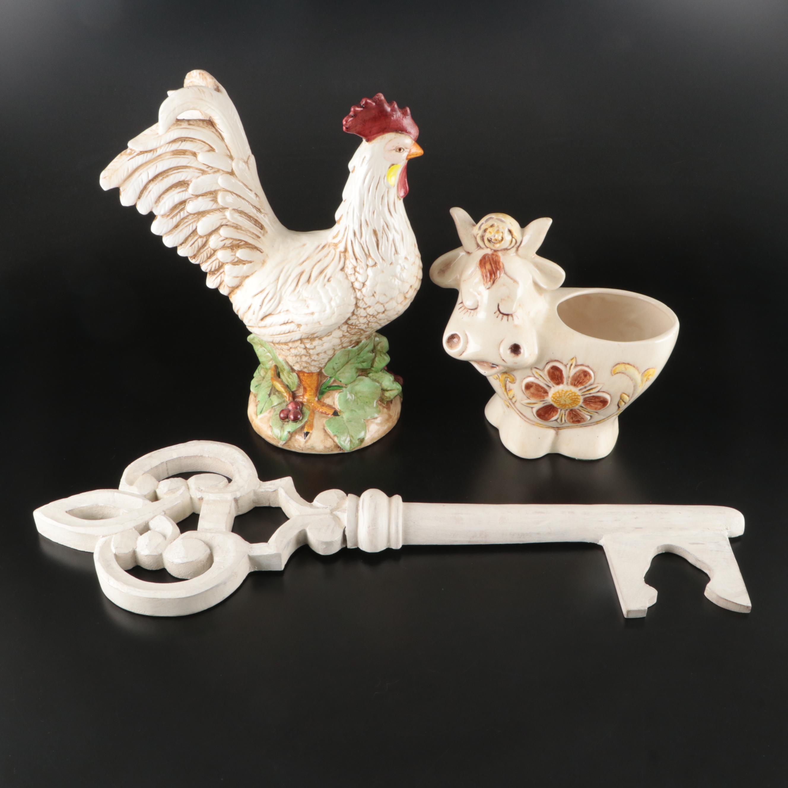 Treasure Craft Ceramic Cow Planter, Ceramic Rooster, and Wooden Hanging Key