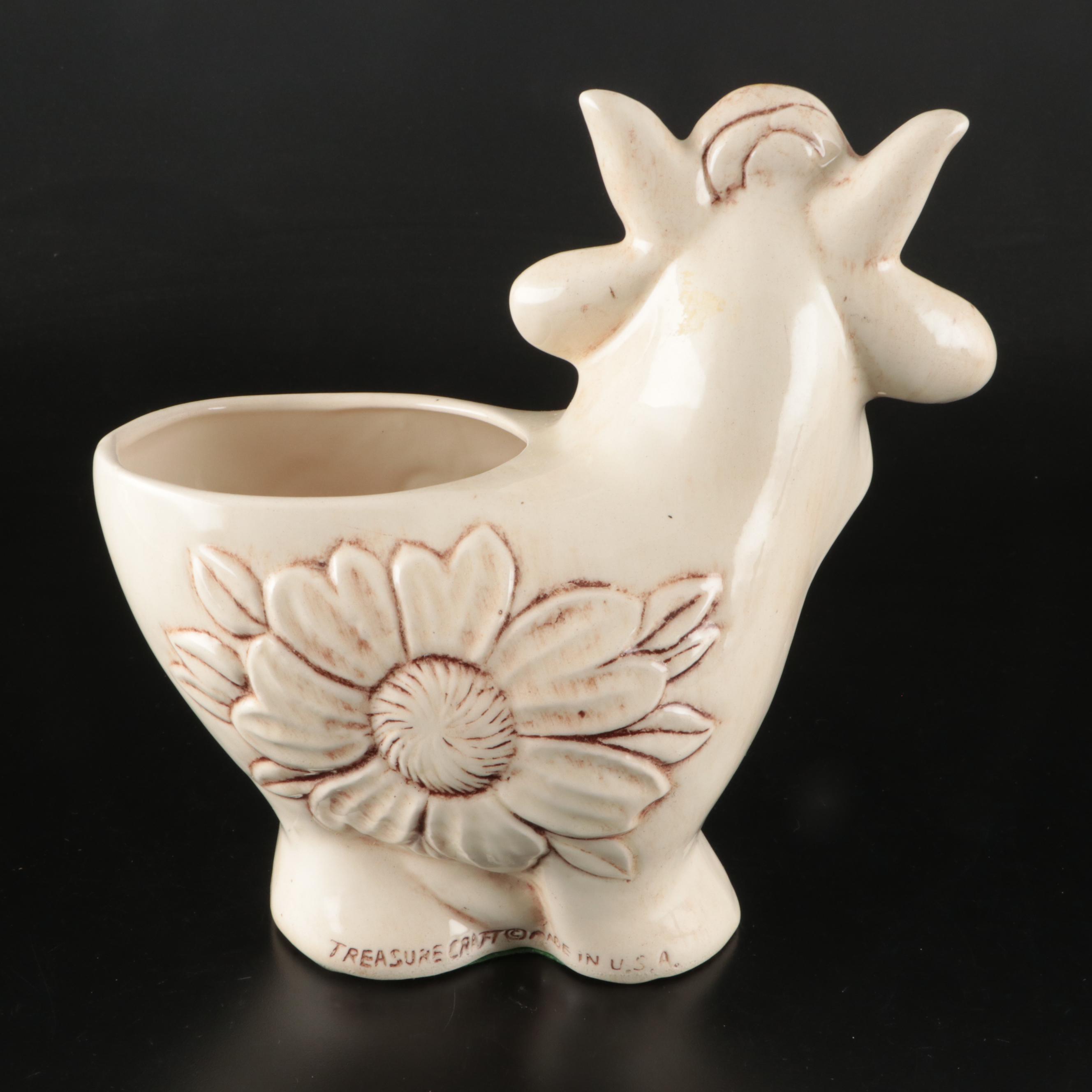 Treasure Craft Ceramic Cow Planter, Ceramic Rooster, and Wooden Hanging Key