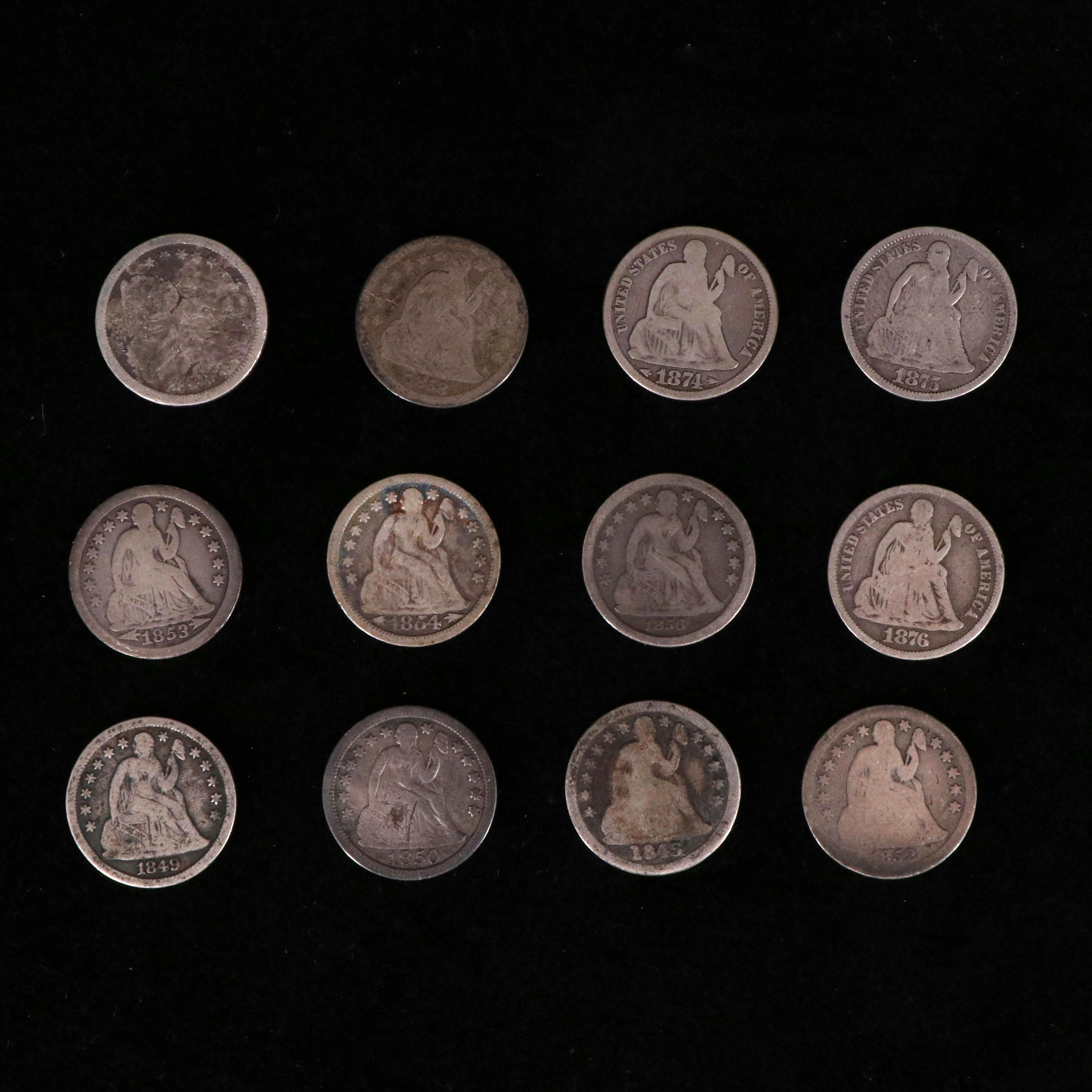 Collection of Twelve Different Seated Liberty Dimes