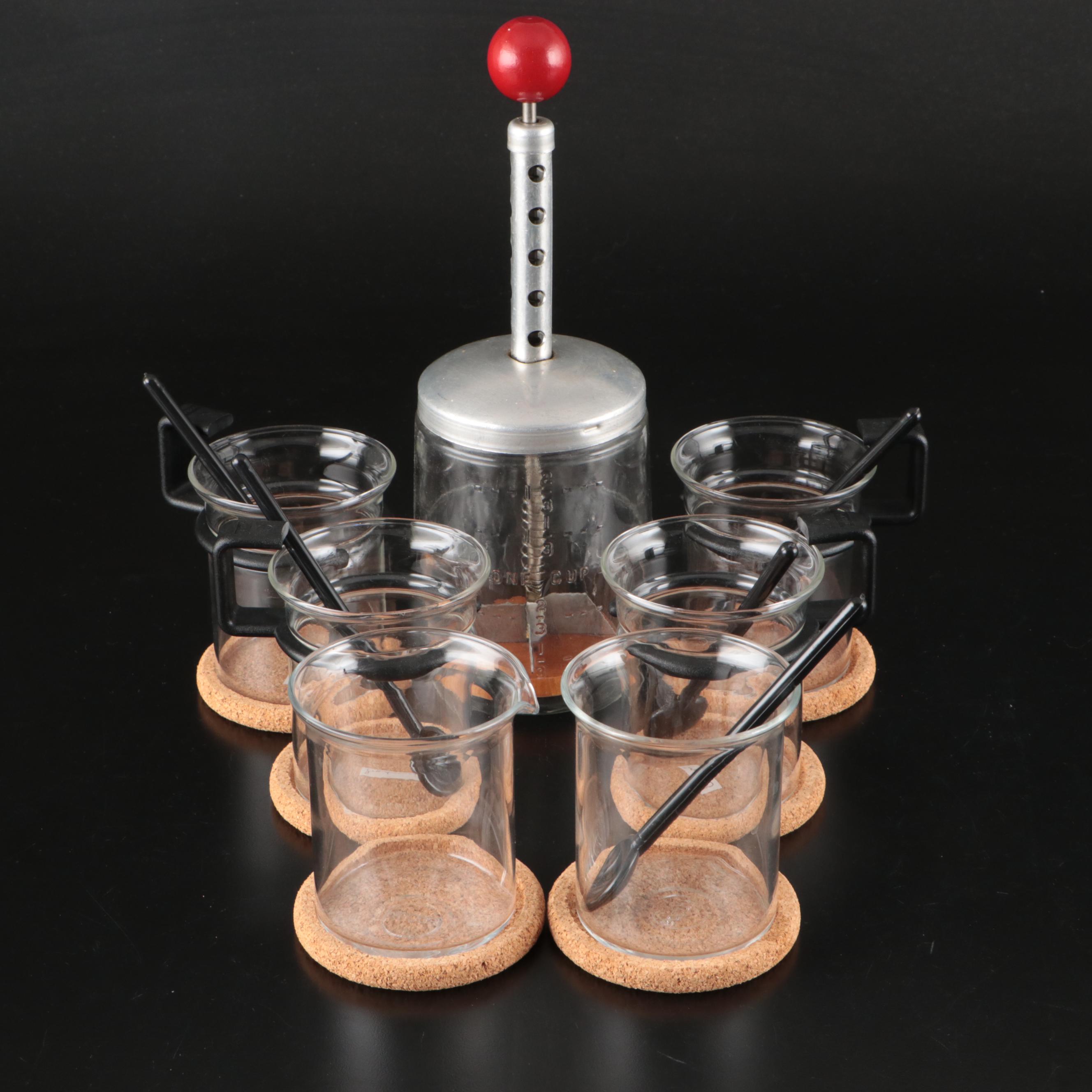 Metal Nut Chopper, Bodum Glass Cups, and Cork Coasters