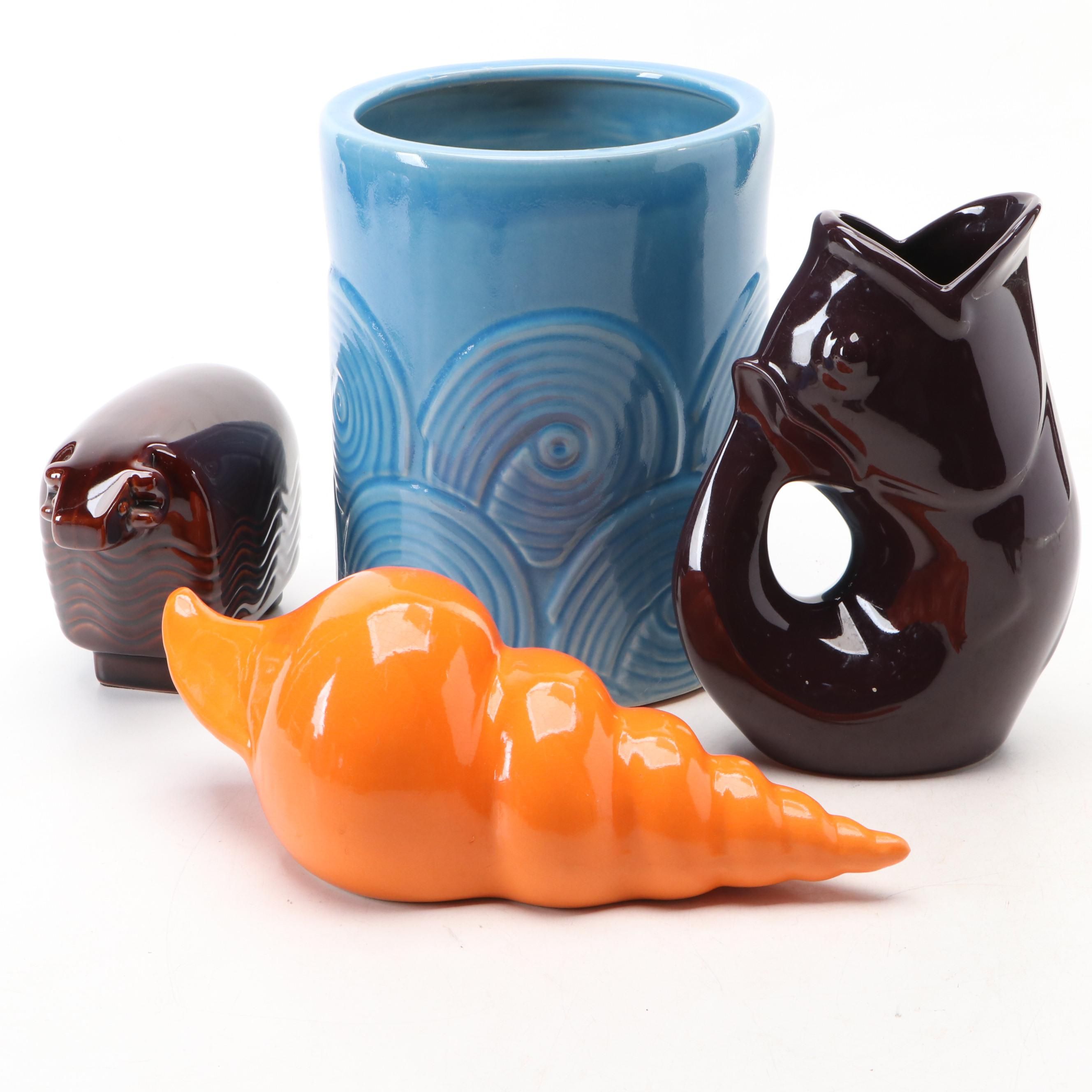 Noritake Ceramic Ram with Other Shell Figurine, Blue Planter and Fish Pitcher