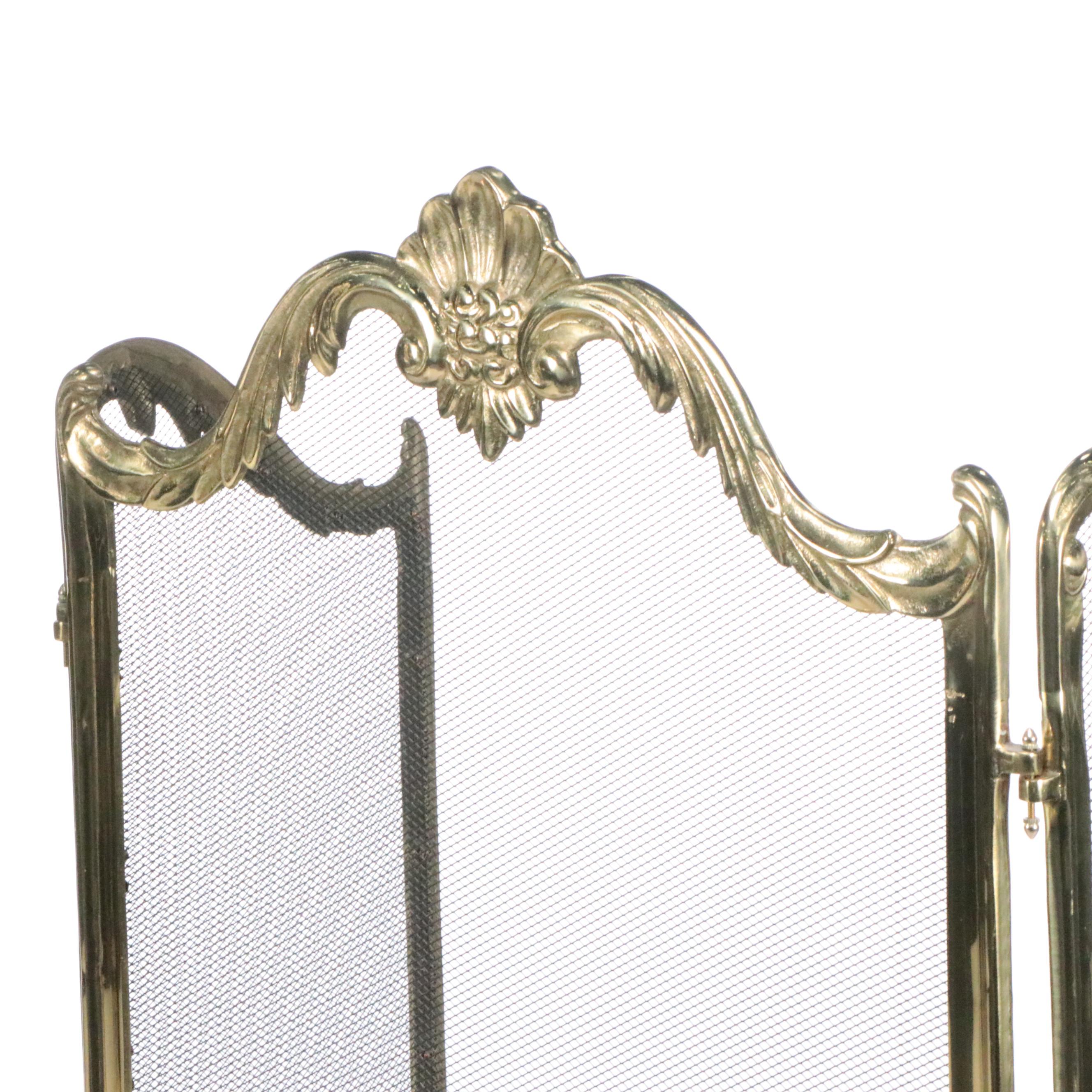 Victorian Style Brass and Mesh Fireplace Screen With Federal Handle Tool Set