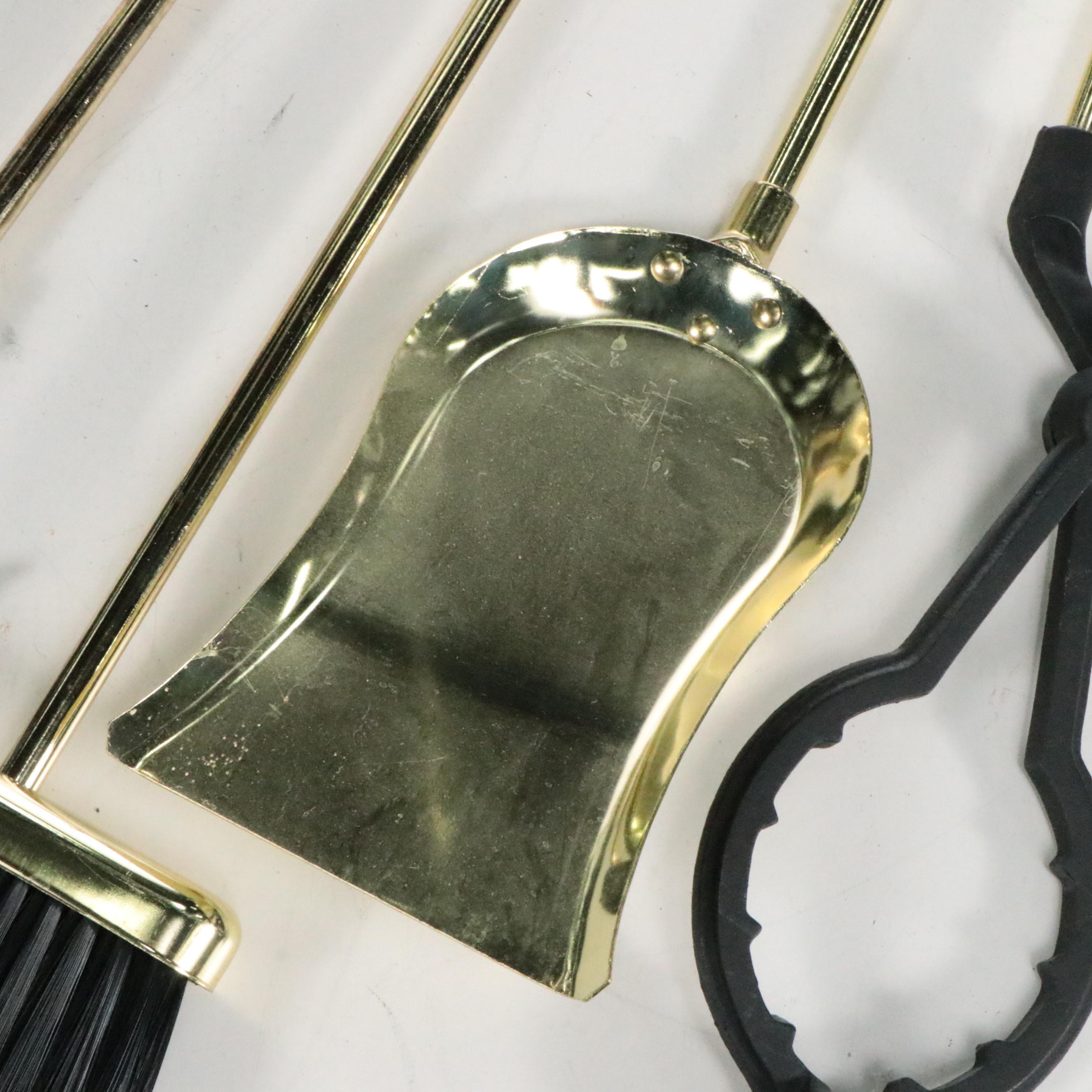 Victorian Style Brass and Mesh Fireplace Screen With Federal Handle Tool Set