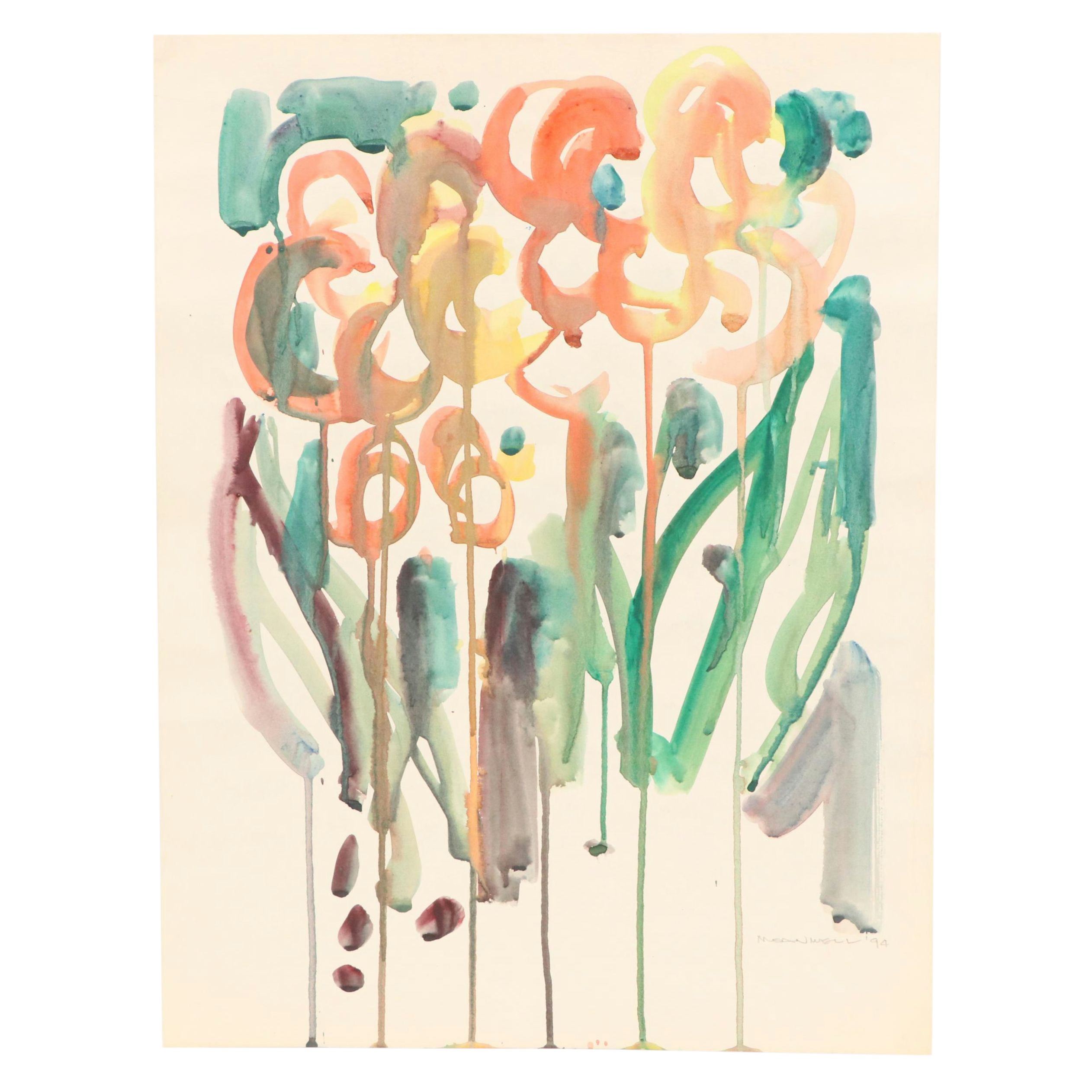 Jack Meanwell Stylized Floral Watercolor Painting, 1994