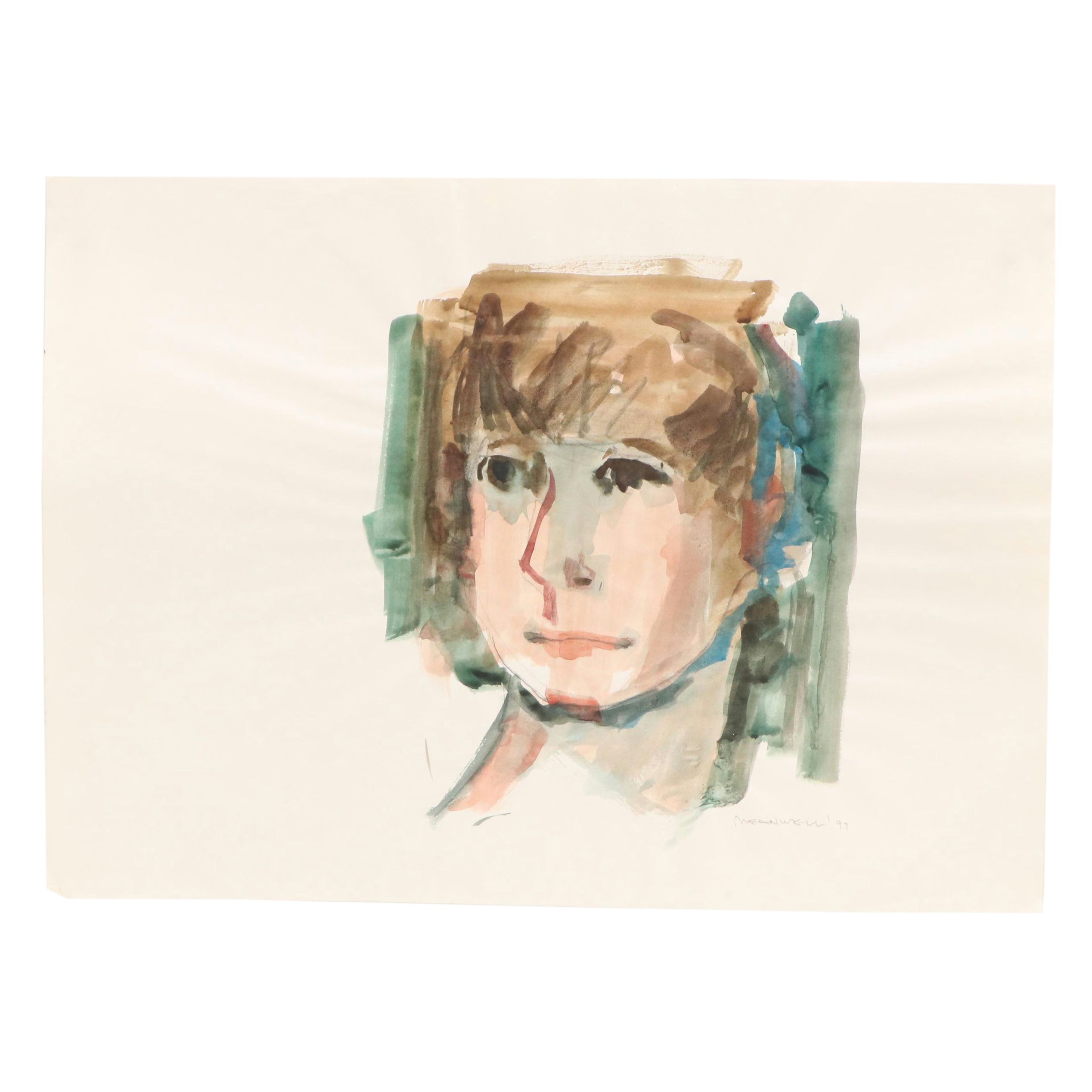 Jack Meanwell Stylized Portrait Watercolor Painting, 1997