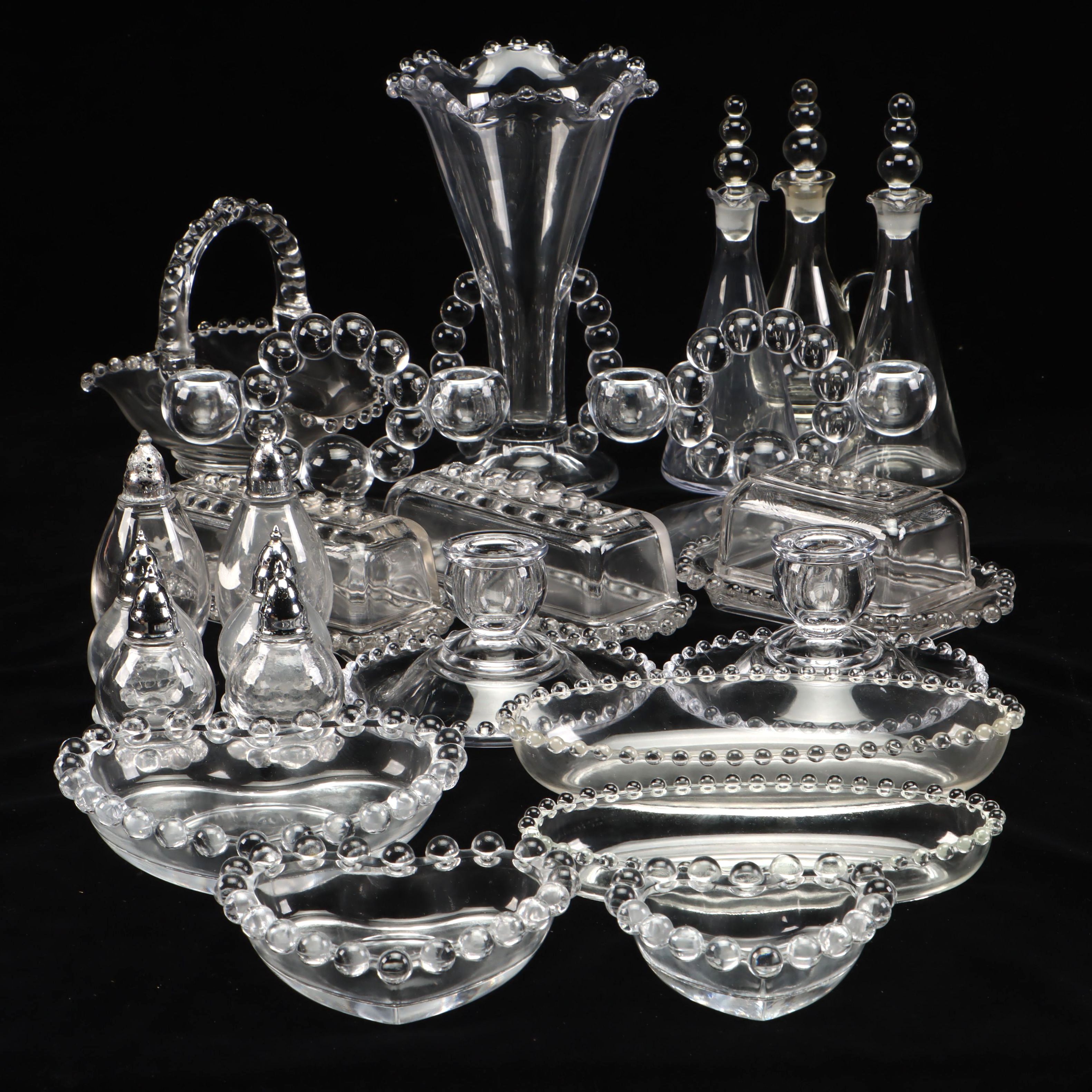 Hobnail Glass Vase, Candle Holders, and Other Table Accessories