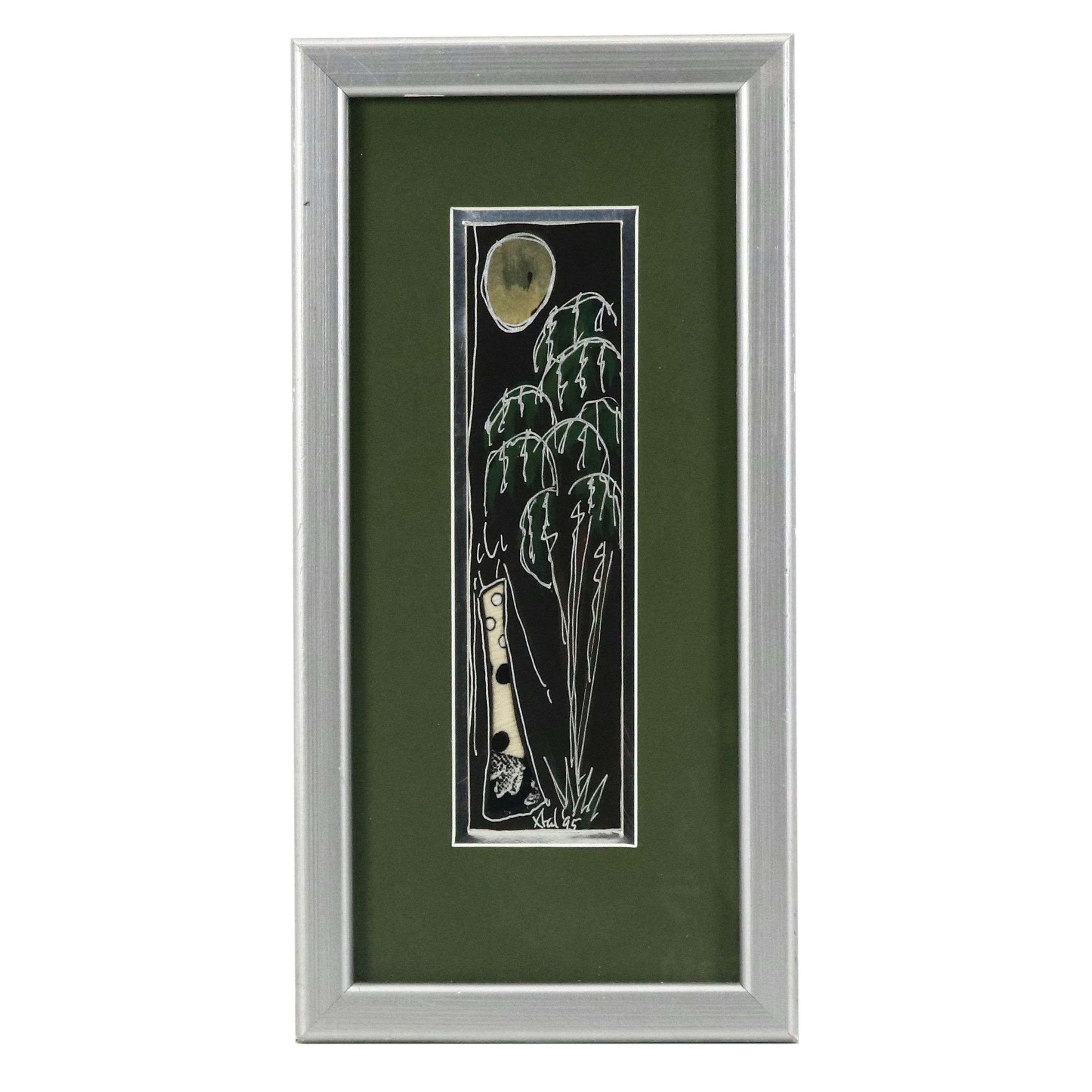 Xtal Miniature Stylized Landscape Ink Drawing With Collaged Figure, 1995