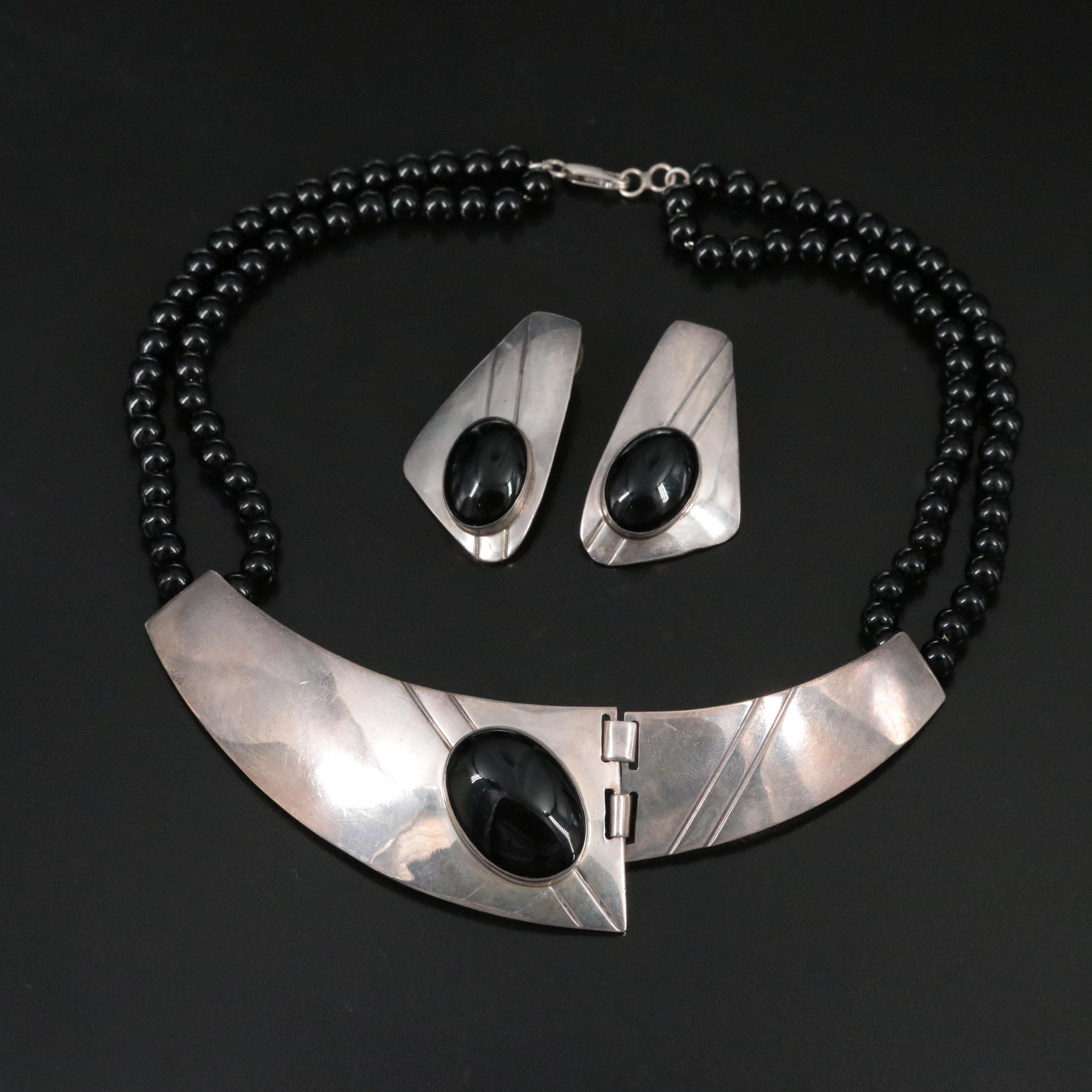 Sterling Black Onyx Modernist Necklace and Earring Set