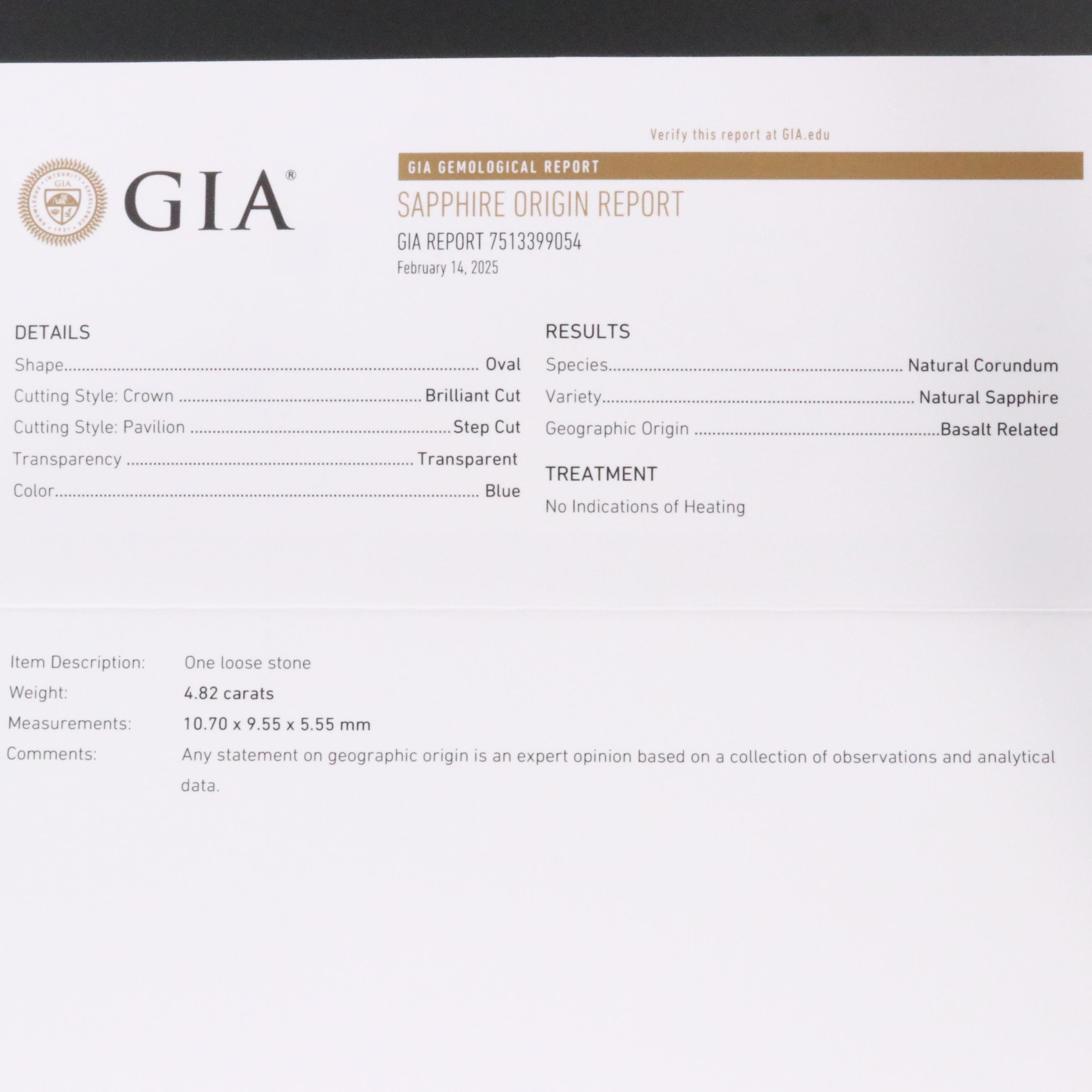 14K and Platinum 4.82 CT Unheated Sapphire and Diamond Ring and GIA Report