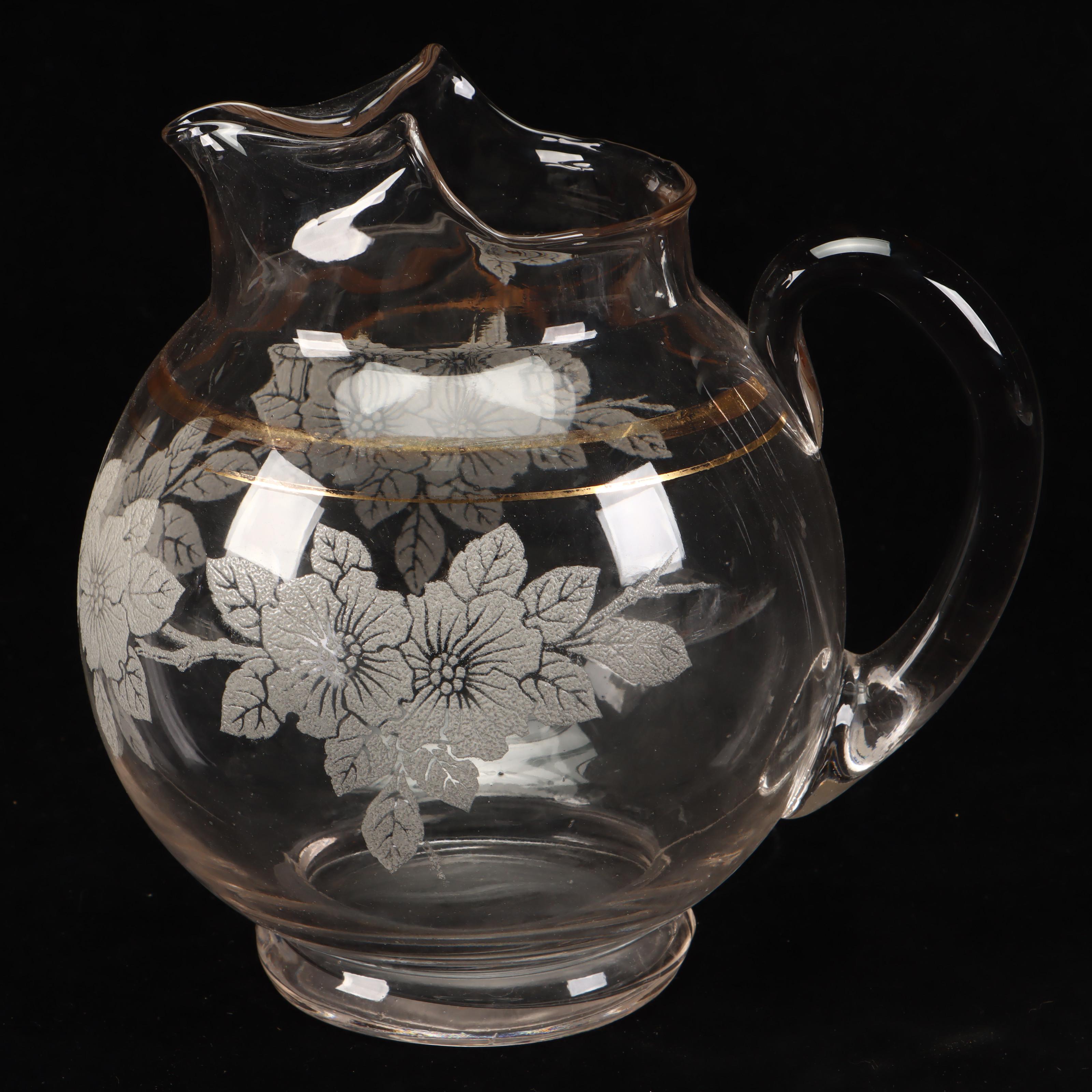 Floral Glass Pitcher with Glass Tumblers