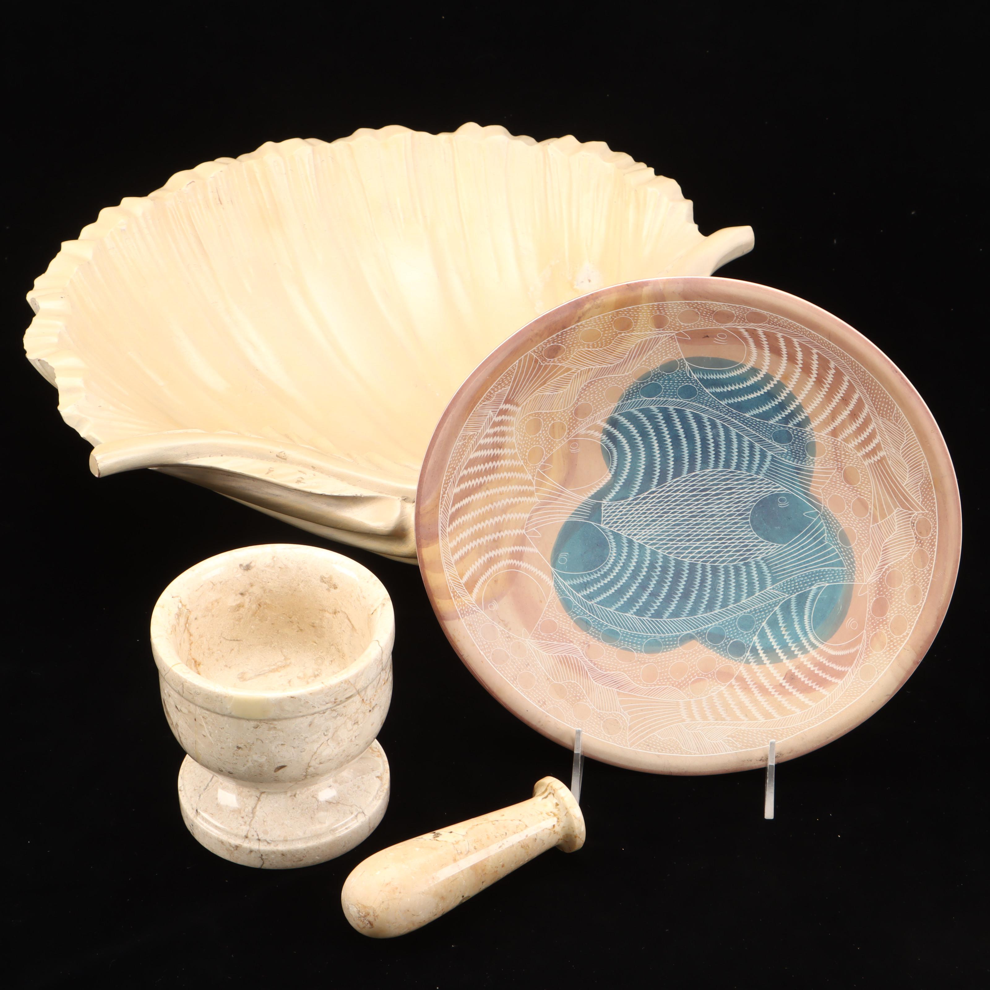 Kenyan Kisli Soapstone Bowl, Shell Centerpiece with Travertine Mortar & Pestle