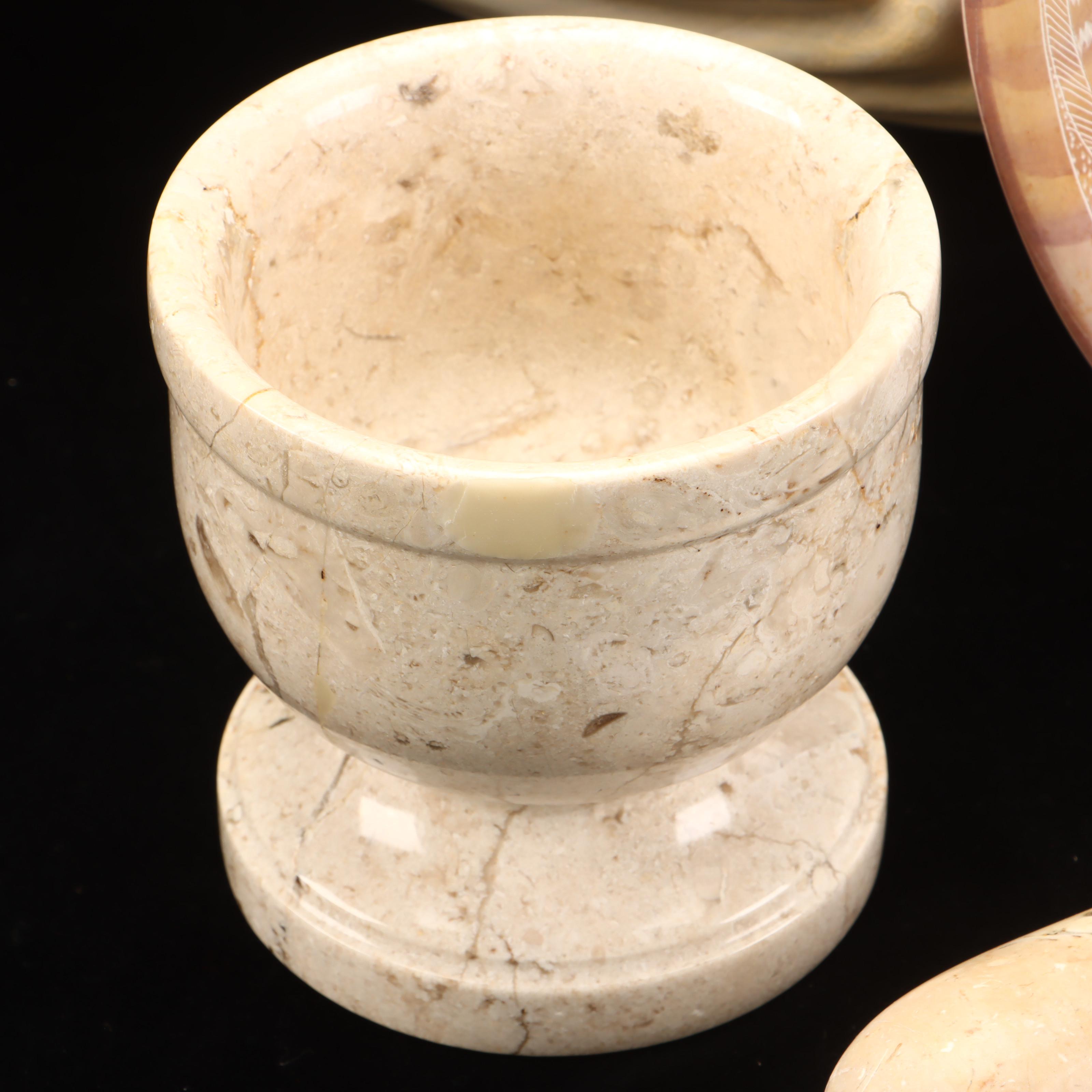 Kenyan Kisli Soapstone Bowl, Shell Centerpiece with Travertine Mortar & Pestle