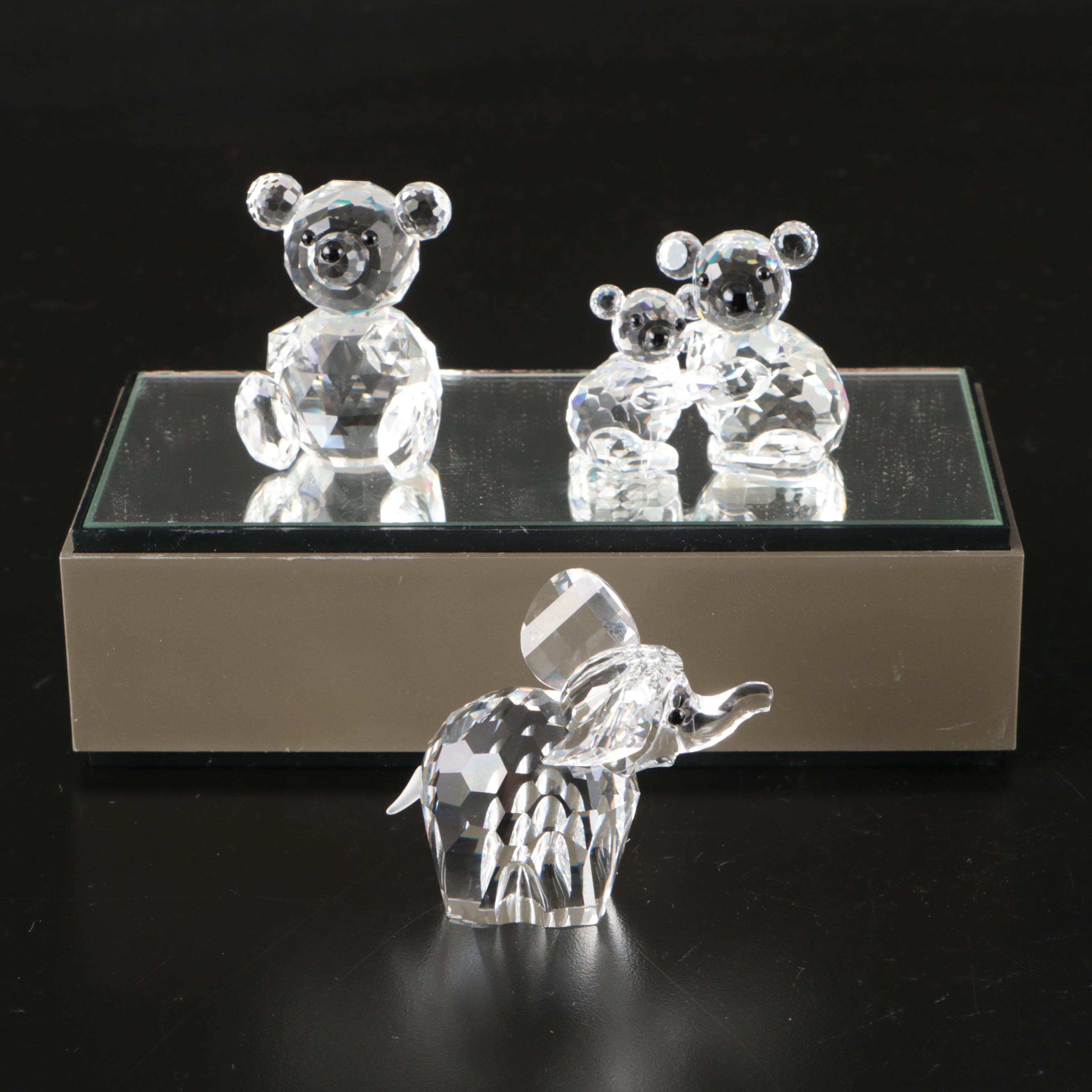 Swarovski Crystal Elephant, Koala, and Bear Figurines with Mirrored Stand