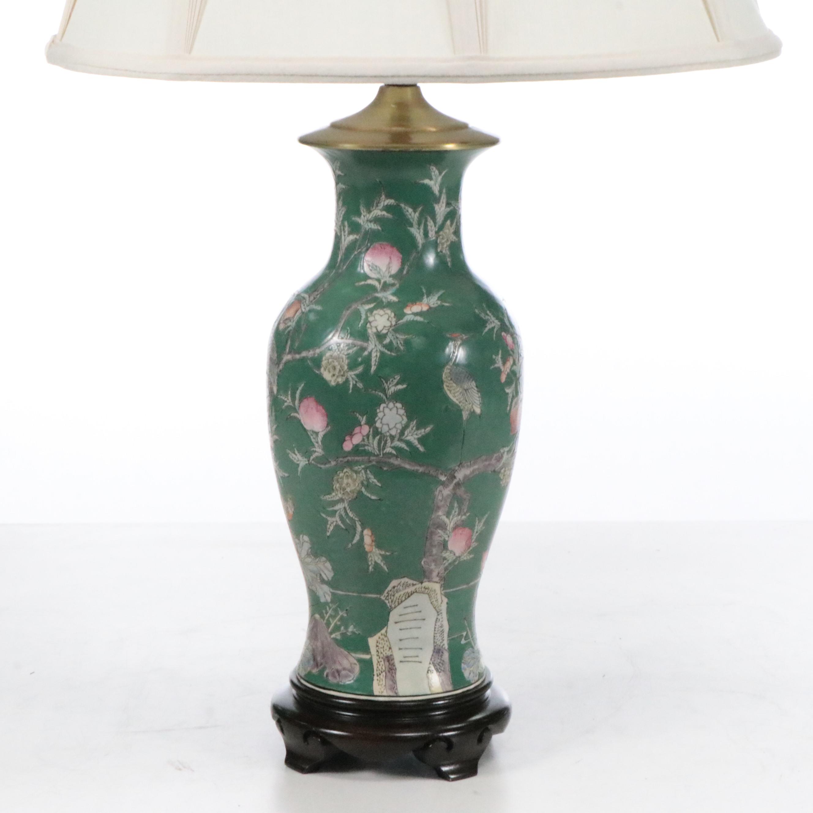Chinese Porcelain Peach Tree and Crane Vase Table Lamp, Silk Pleat-Fold Shade