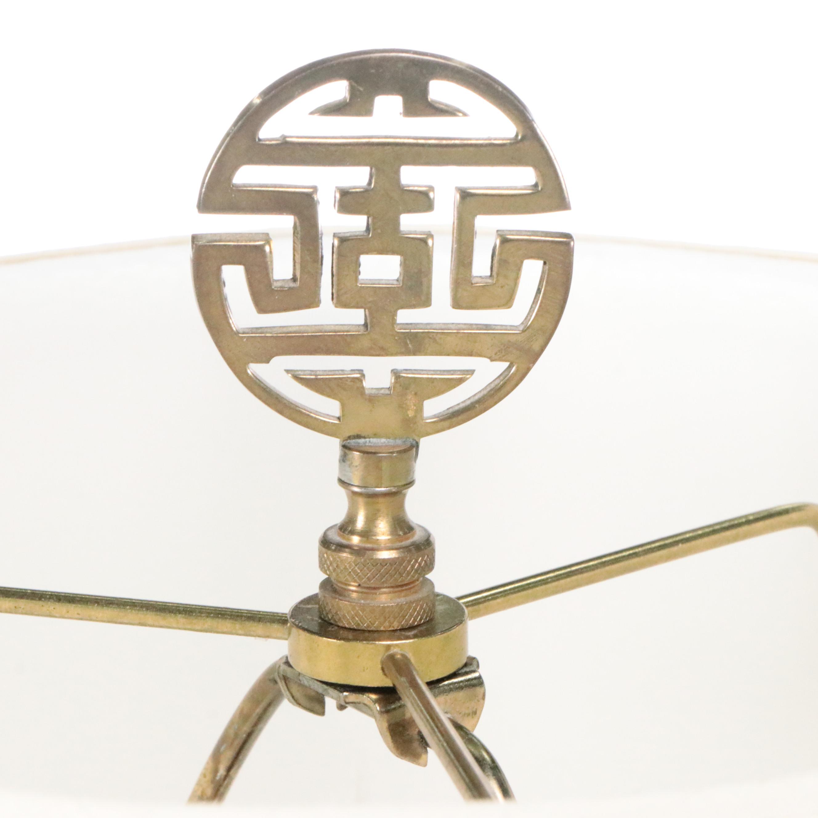 Chinese Porcelain Peach Tree and Crane Vase Table Lamp, Silk Pleat-Fold Shade