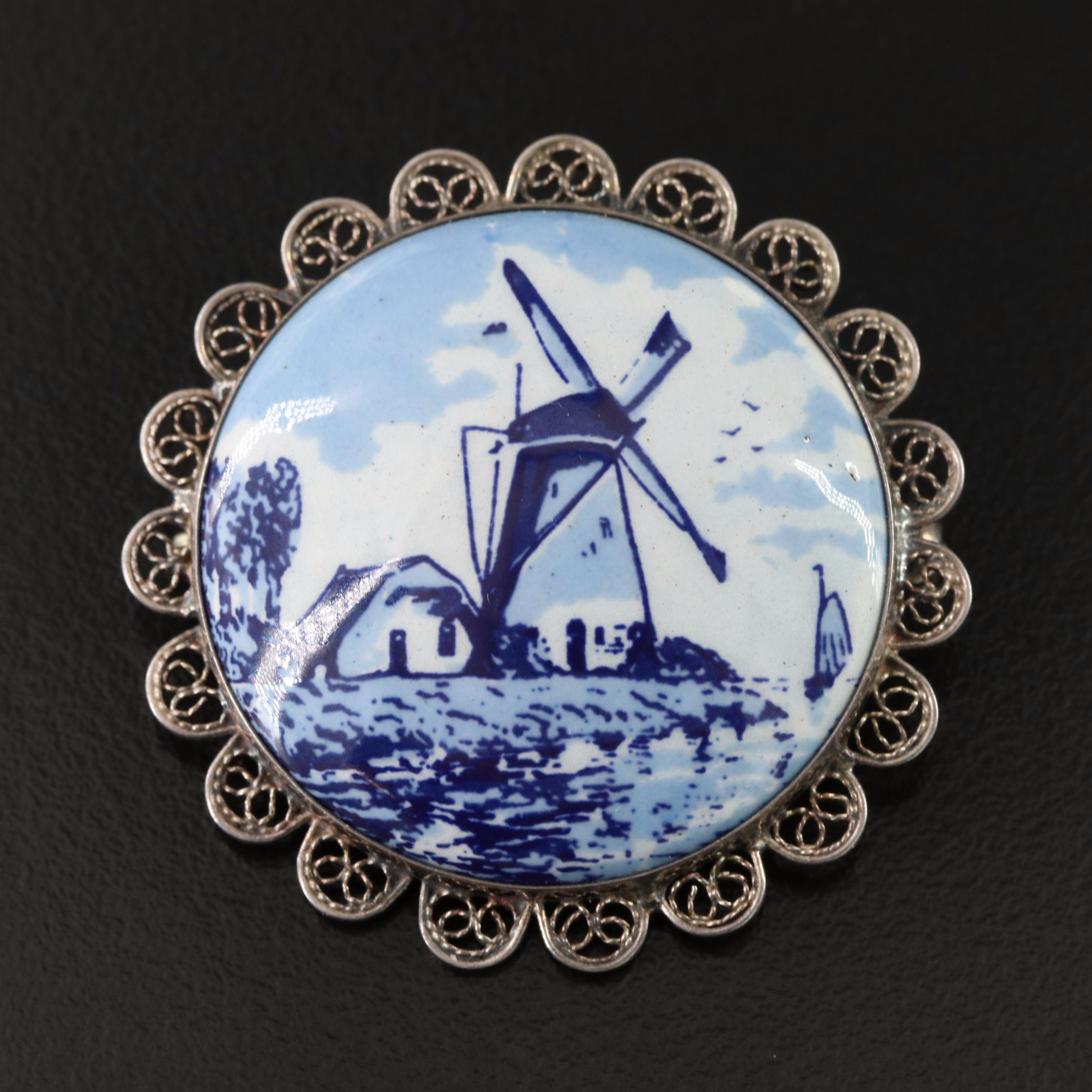 Sterling Delft Blue Style Brooch with Filigree Trim