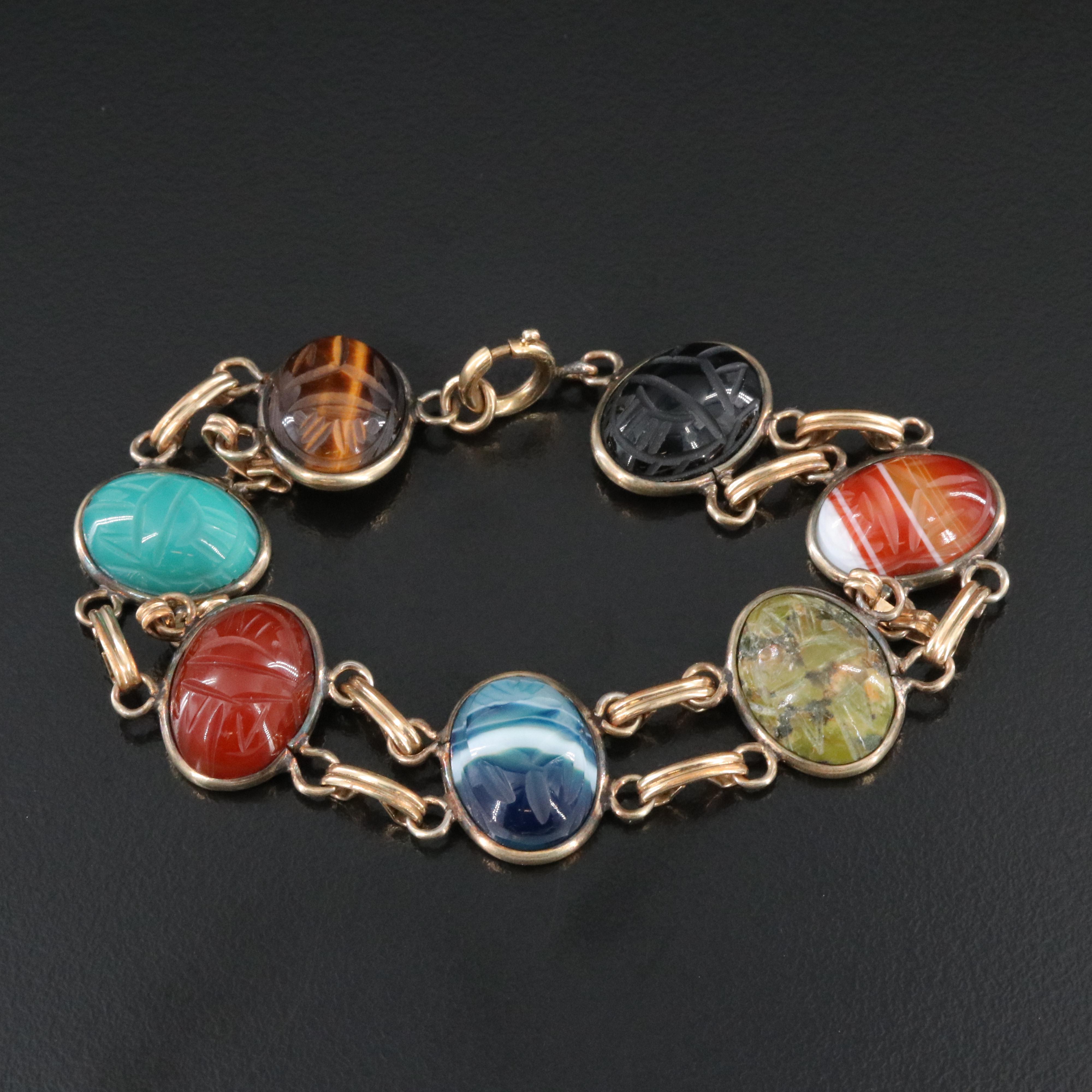 Vintage Gold-Filled Carved Gemstone Scarab Bracelet Including Agate & Chalcedony